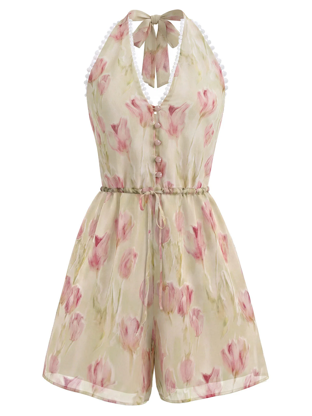 [Pre-Sale] Pink 1940s Tulip-Beaded Drawstring Romper - Image 2