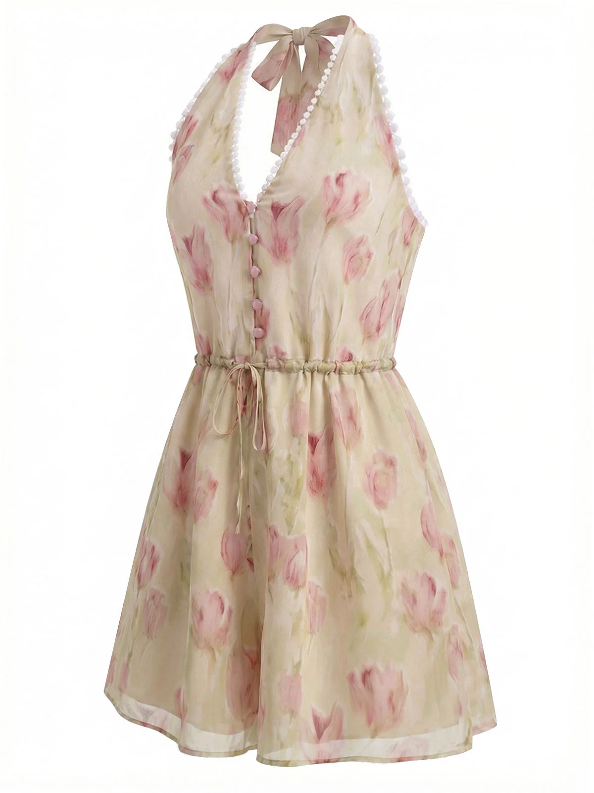 [Pre-Sale] Pink 1940s Tulip-Beaded Drawstring Romper - Image 3