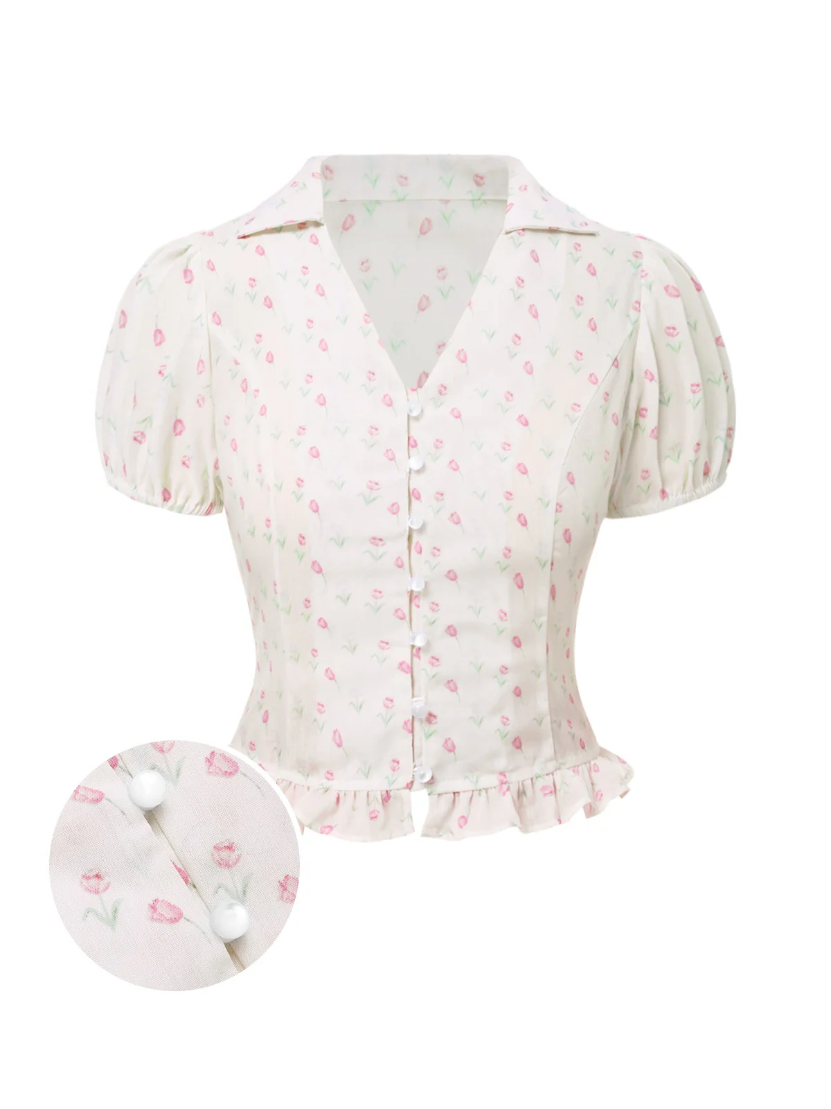 Pink 1940s Tulip V-Neck Lapel Ruffled Blouse - Image 2