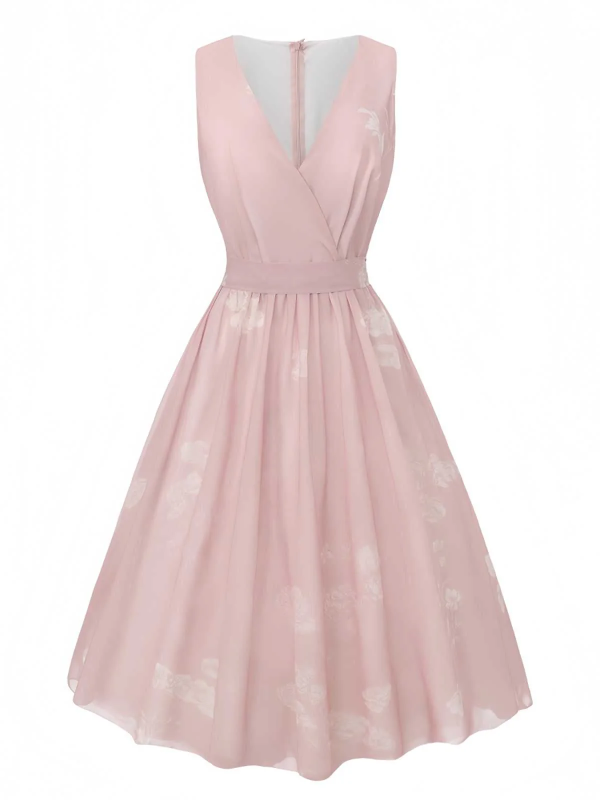 Pink 1940s V-Neck Floral Belted Sleeveless Dress - Image 2