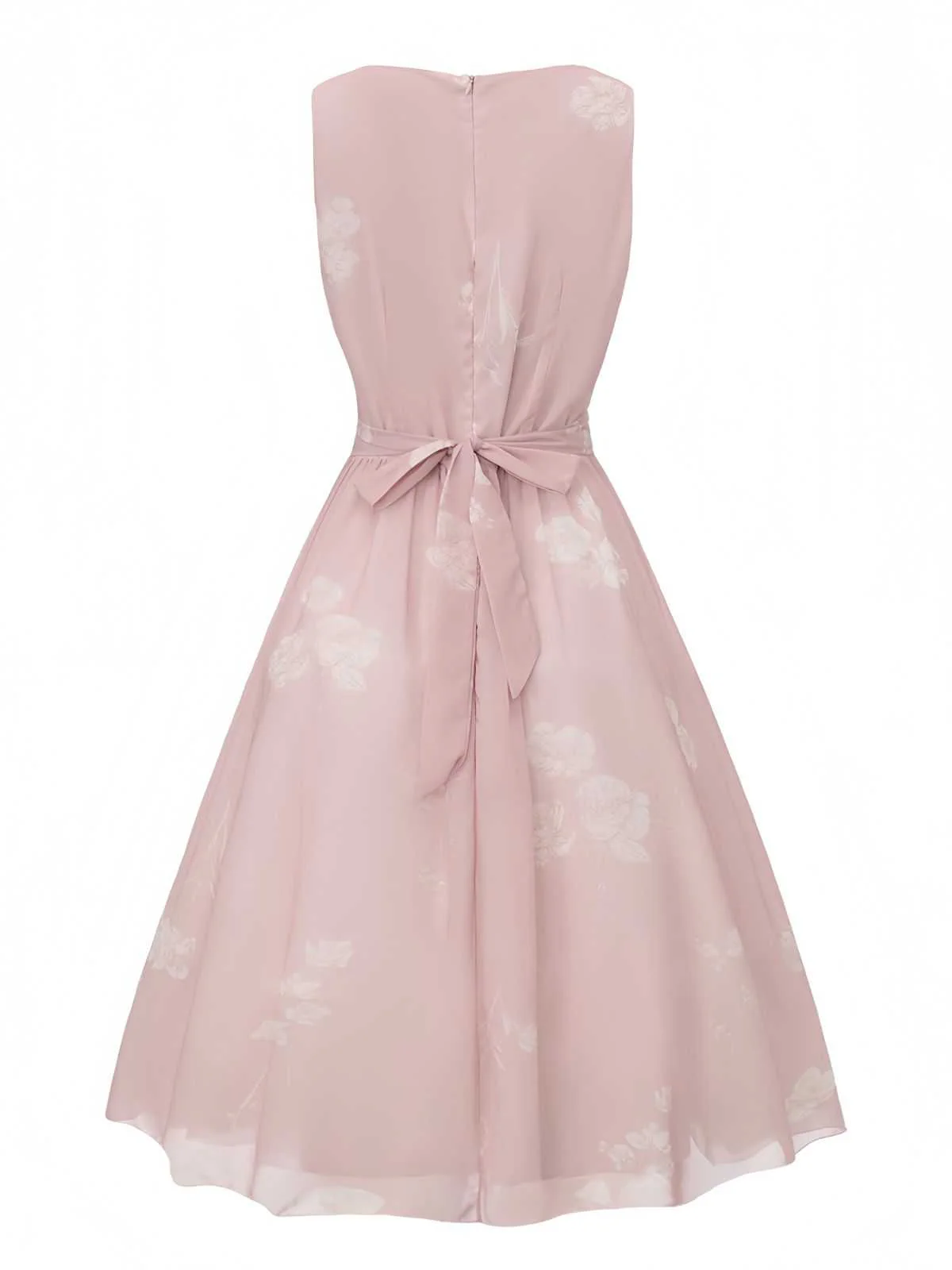 Pink 1940s V-Neck Floral Belted Sleeveless Dress - Image 3