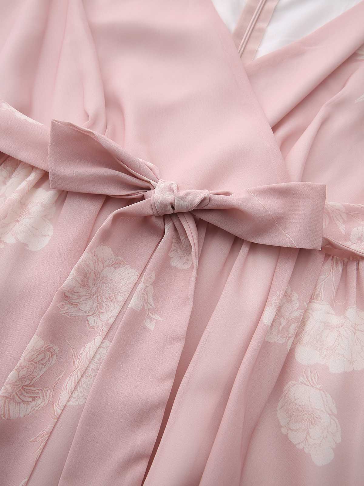 Pink 1940s V-Neck Floral Belted Sleeveless Dress - Image 5