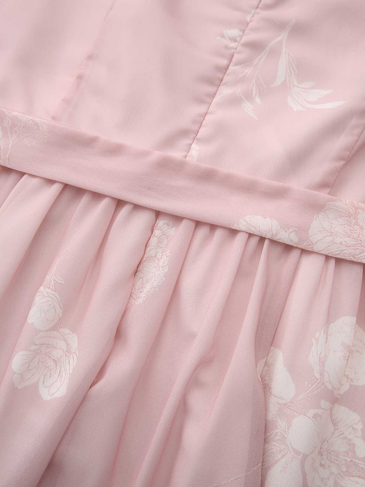 Pink 1940s V-Neck Floral Belted Sleeveless Dress - Image 7