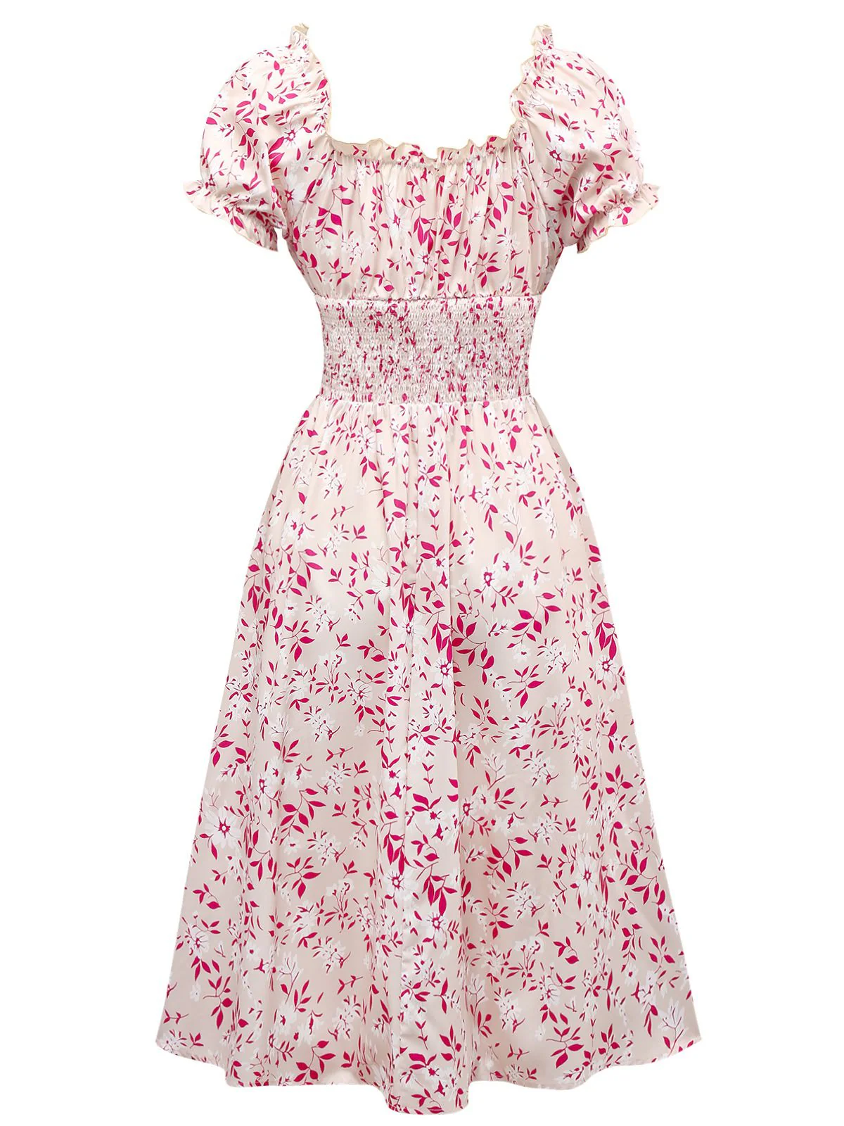 Pink 1940s V-Neck Floral Puff Sleeve Dress - Image 2