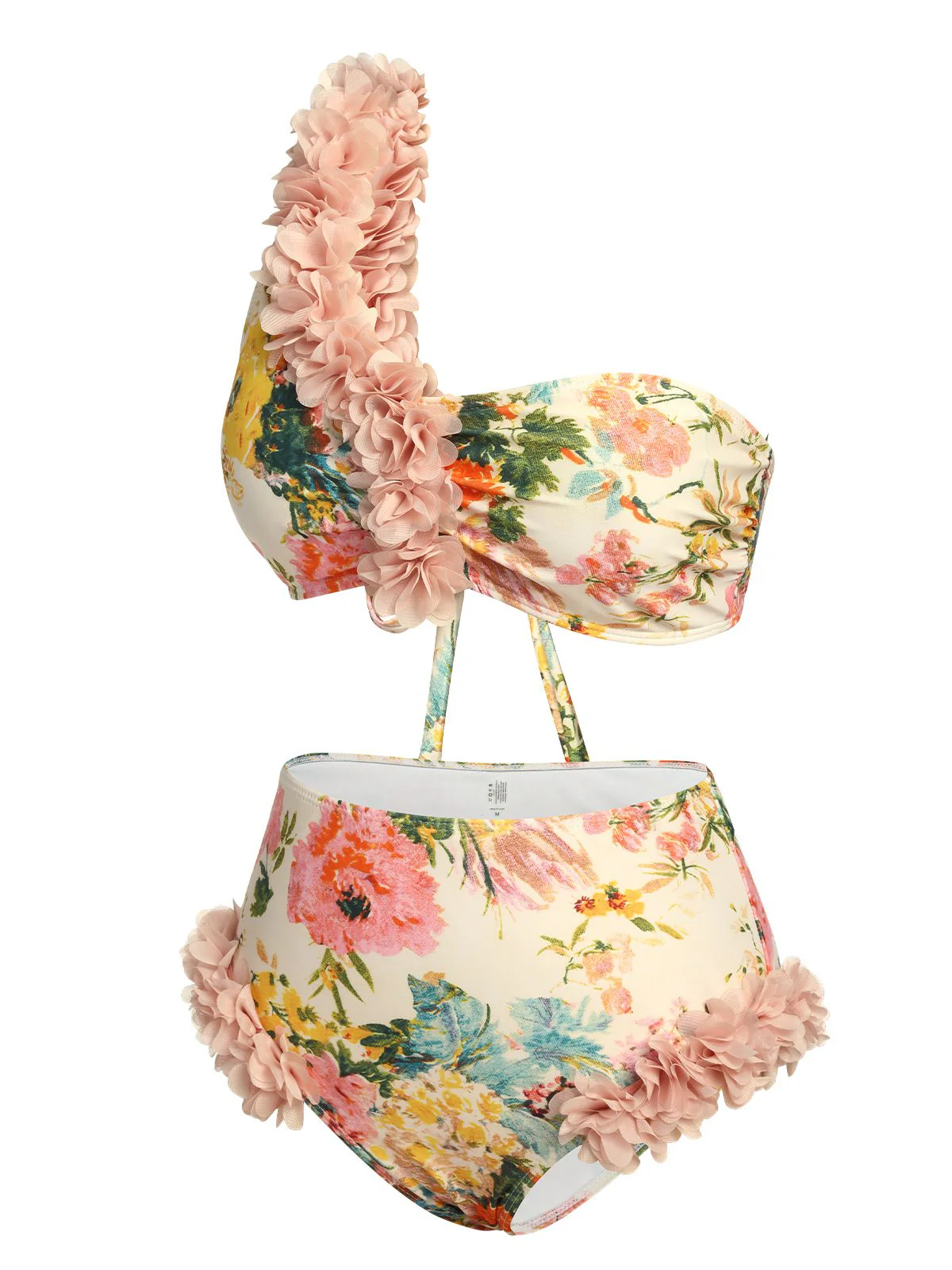Pink 1950s 3D Lace Floral One-Shoulder Swimsuit - Image 2