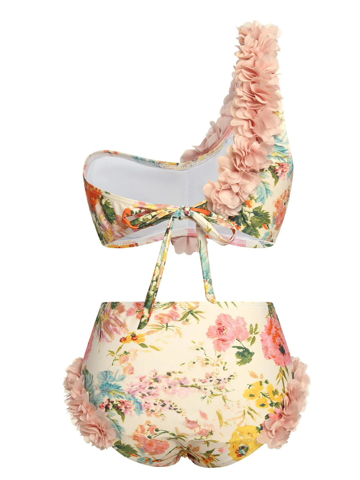 Pink 1950s 3D Lace Floral One-Shoulder Swimsuit - Image 3
