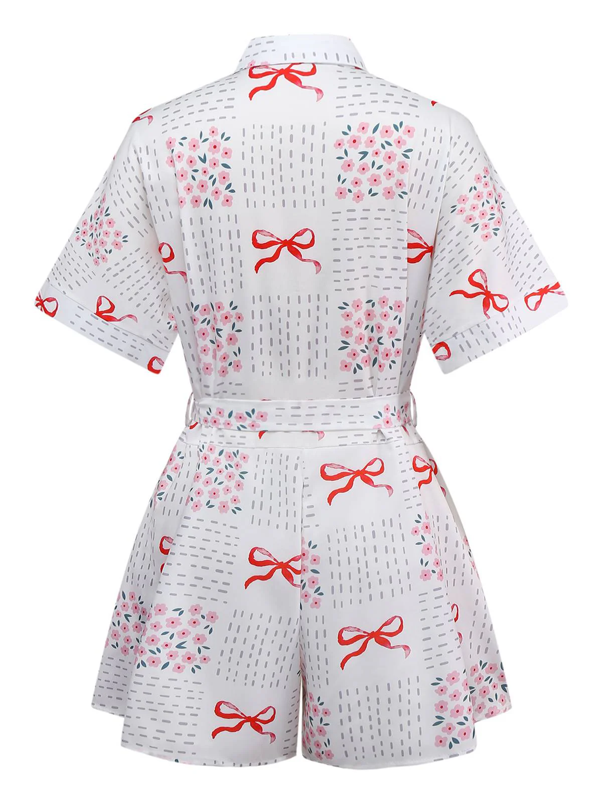 Pink 1950s Bow & Floral Belted Lapel Romper - Image 2