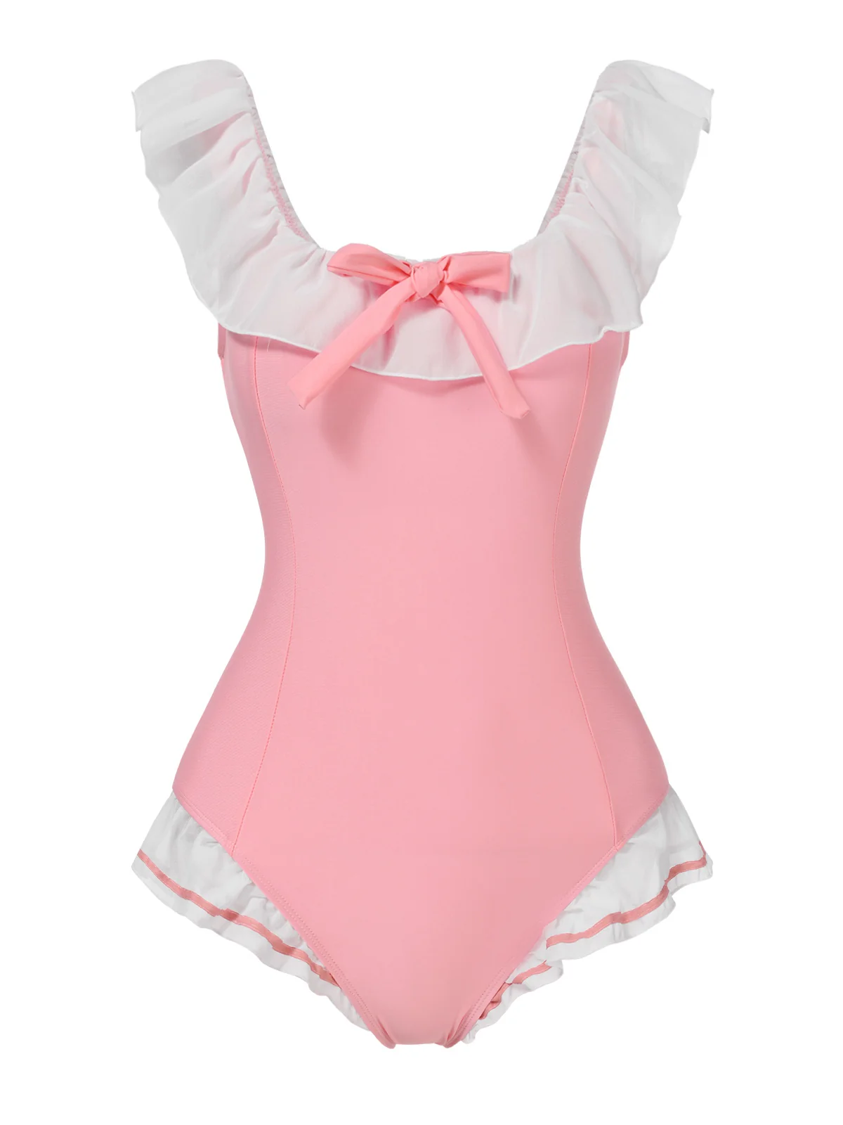 Pink 1950s Bowknot Lapel One-Piece Swimsuit - Image 2