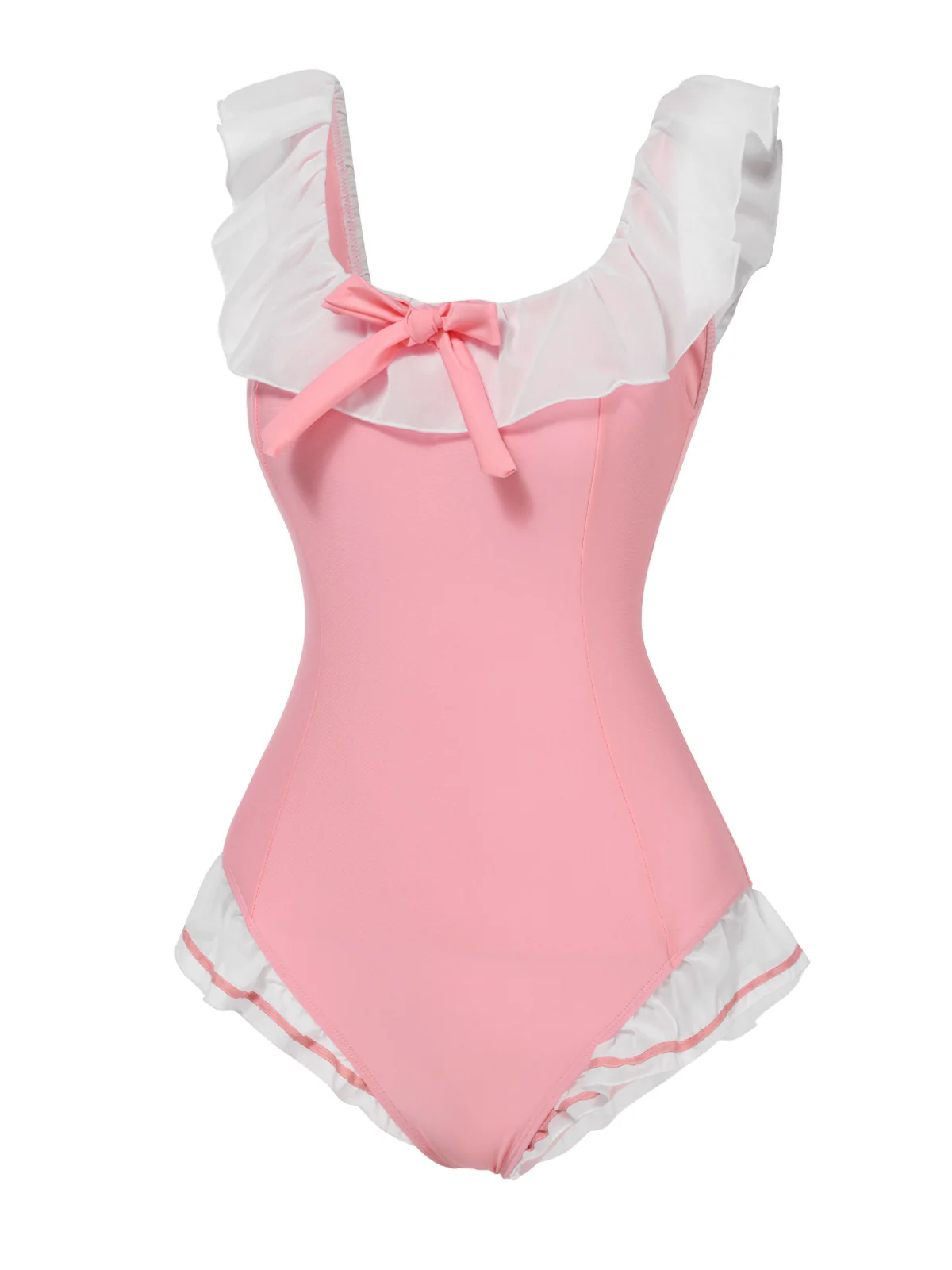 Pink 1950s Bowknot Lapel One-Piece Swimsuit - Image 3