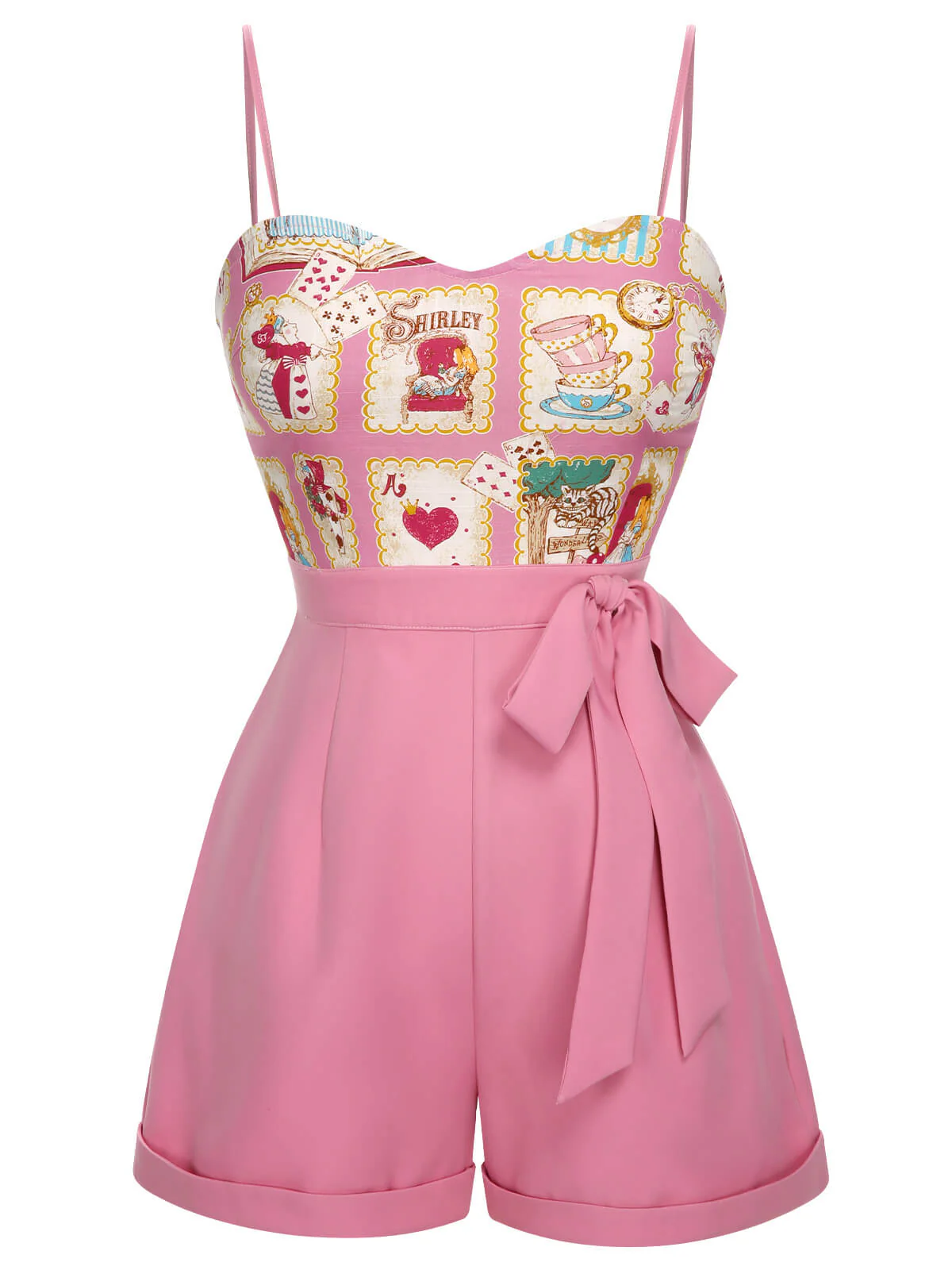Pink 1950s Cartoon Pattern Spaghetti Strap Romper - Image 2