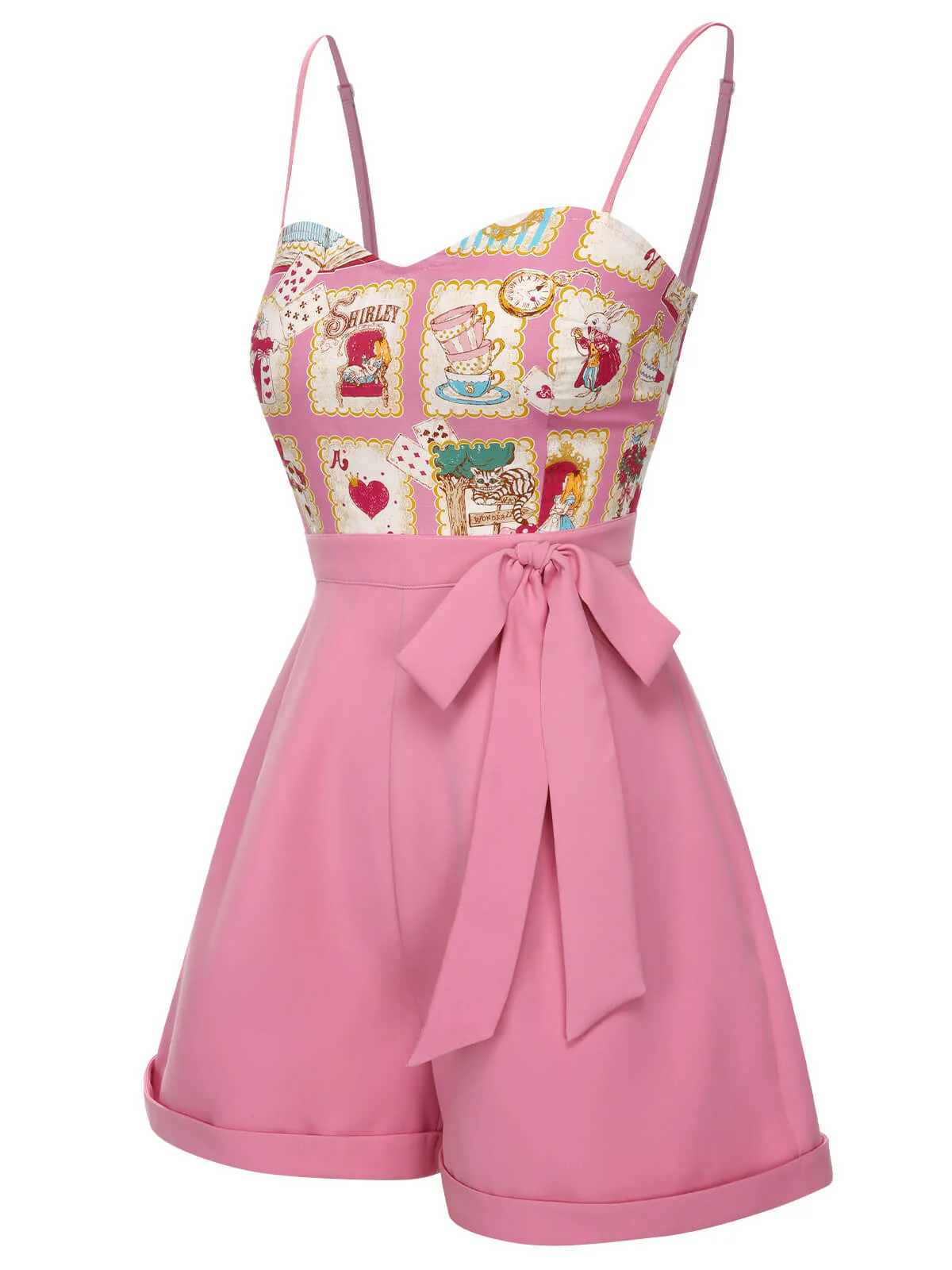 Pink 1950s Cartoon Pattern Spaghetti Strap Romper - Image 3