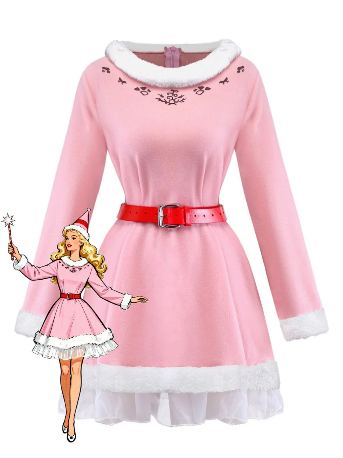 Pink 1950s Christmas Elf Plush-Edged Dress Set - Image 2