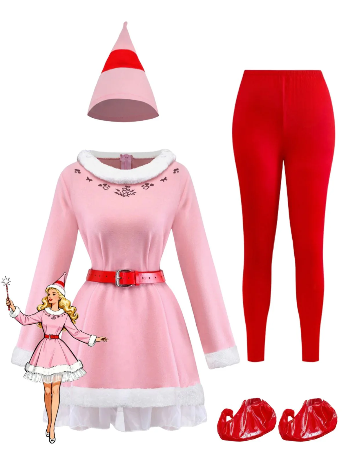 Pink 1950s Christmas Elf Plush-Edged Dress Set - Image 3