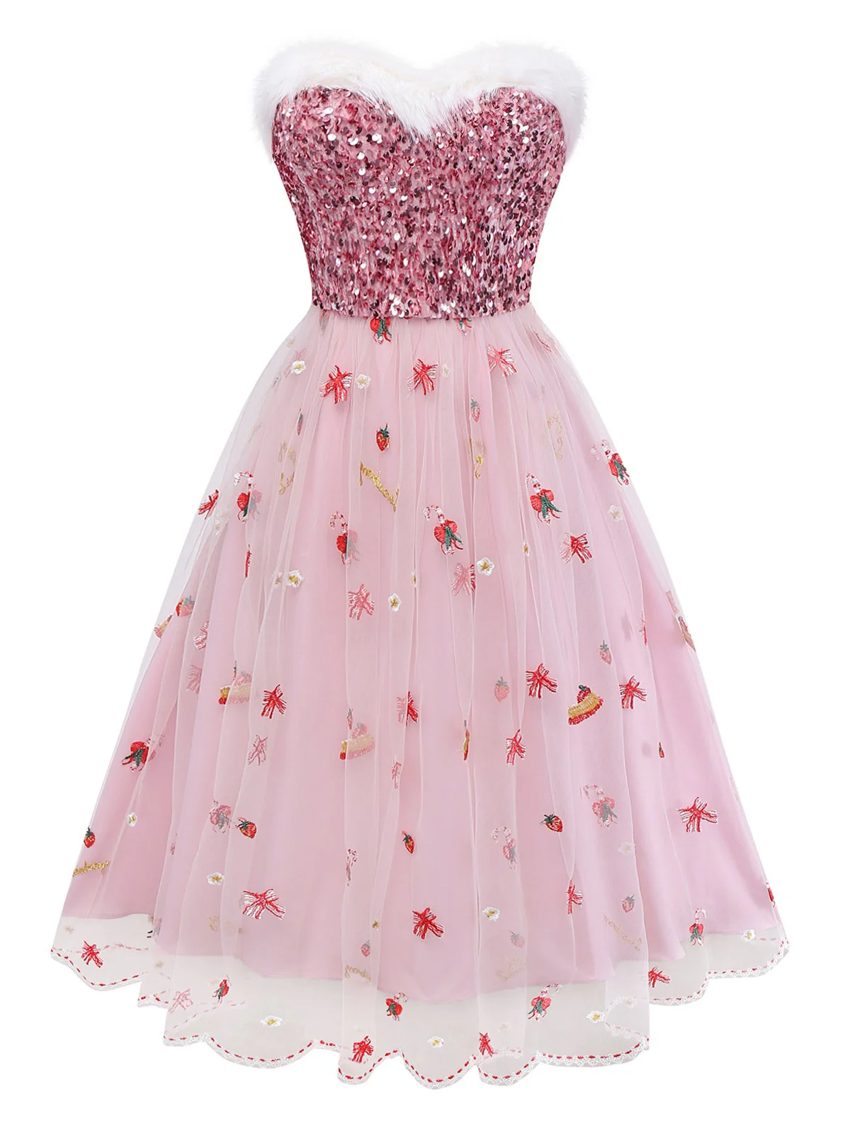 Pink 1950s Christmas Furry Strapless Sequined Mesh Dress - Image 2