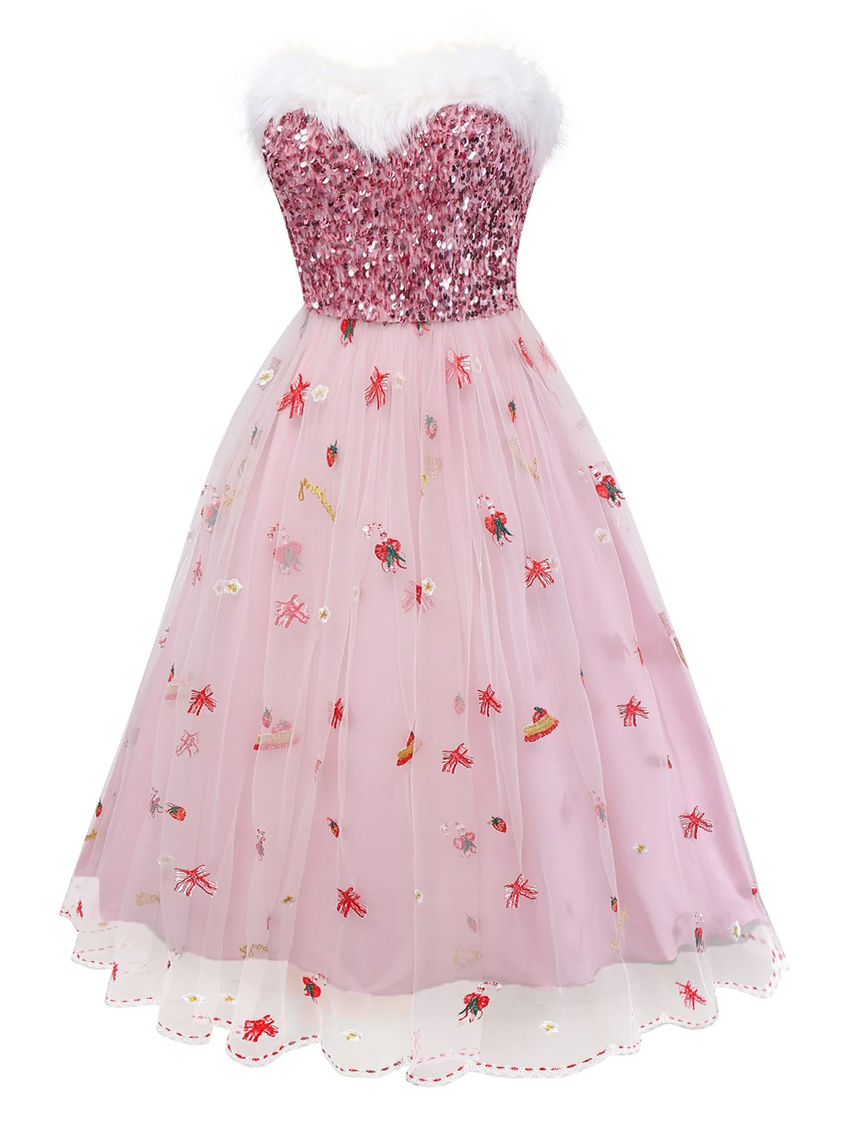 Pink 1950s Christmas Furry Strapless Sequined Mesh Dress - Image 4