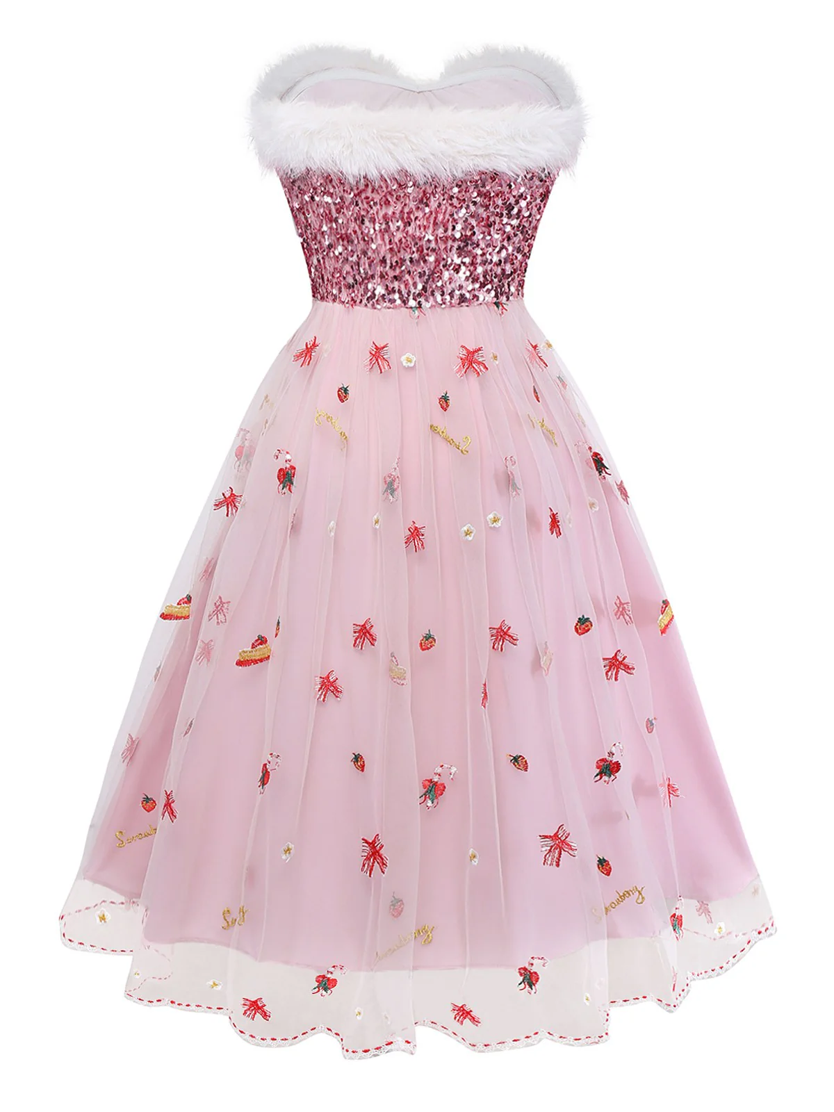 Pink 1950s Christmas Furry Strapless Sequined Mesh Dress - Image 5