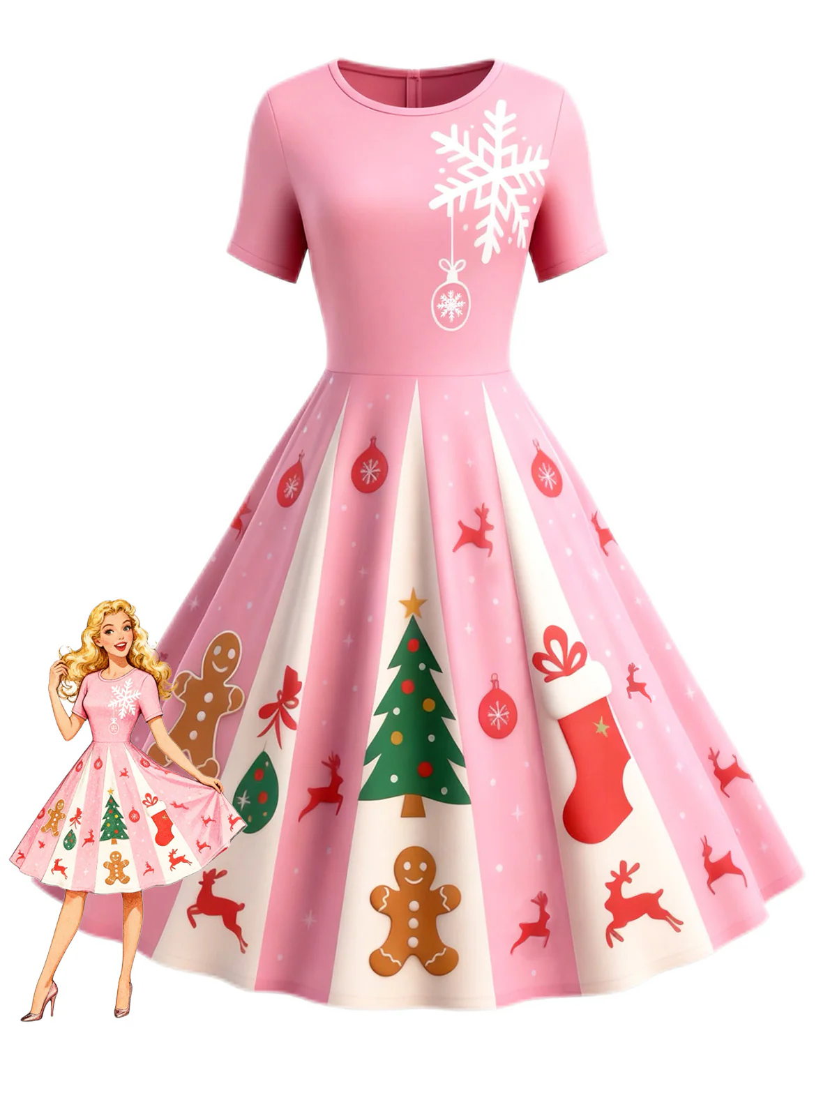 Red & Green 1950s Christmas Snowflake Swing Dress - Image 4