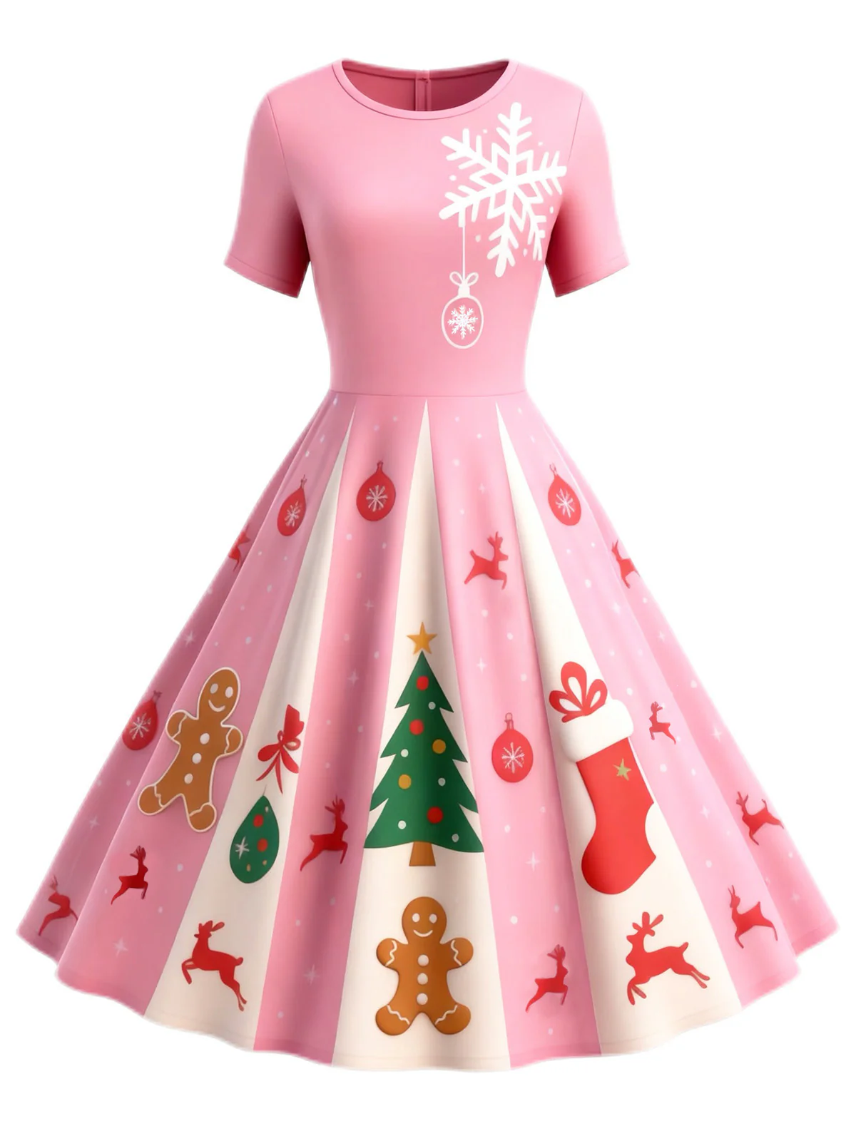 Red & Green 1950s Christmas Snowflake Swing Dress - Image 5