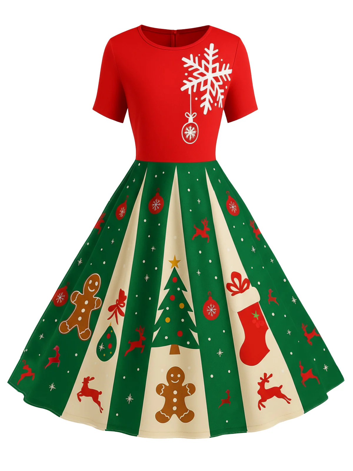 Red & Green 1950s Christmas Snowflake Swing Dress - Image 2