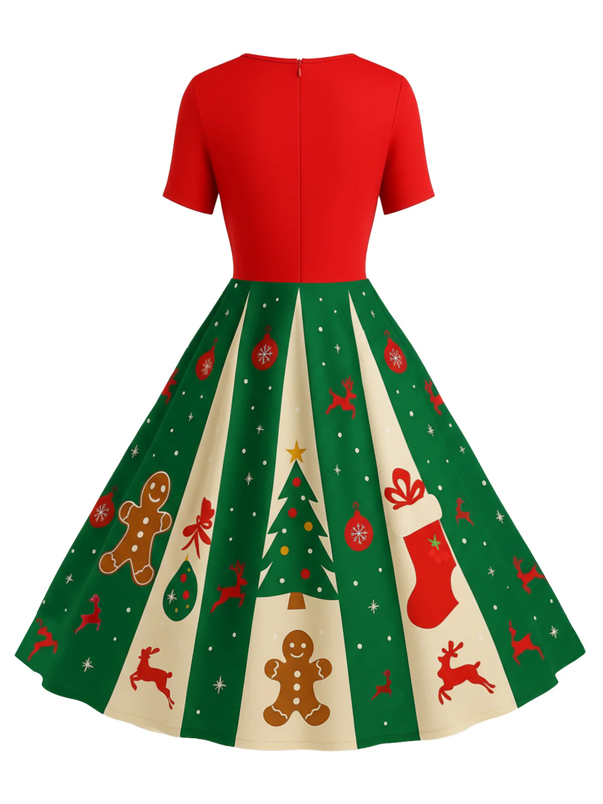 Red & Green 1950s Christmas Snowflake Swing Dress - Image 3