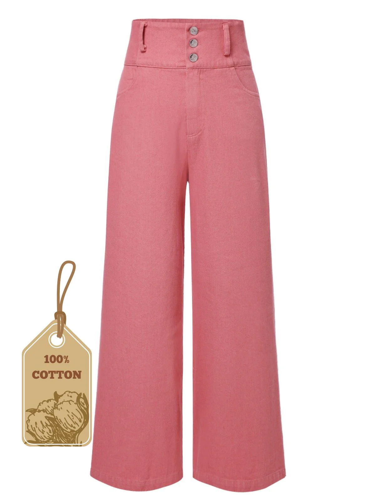 Pink 1950s Cotton Rose Button Pants - Image 2
