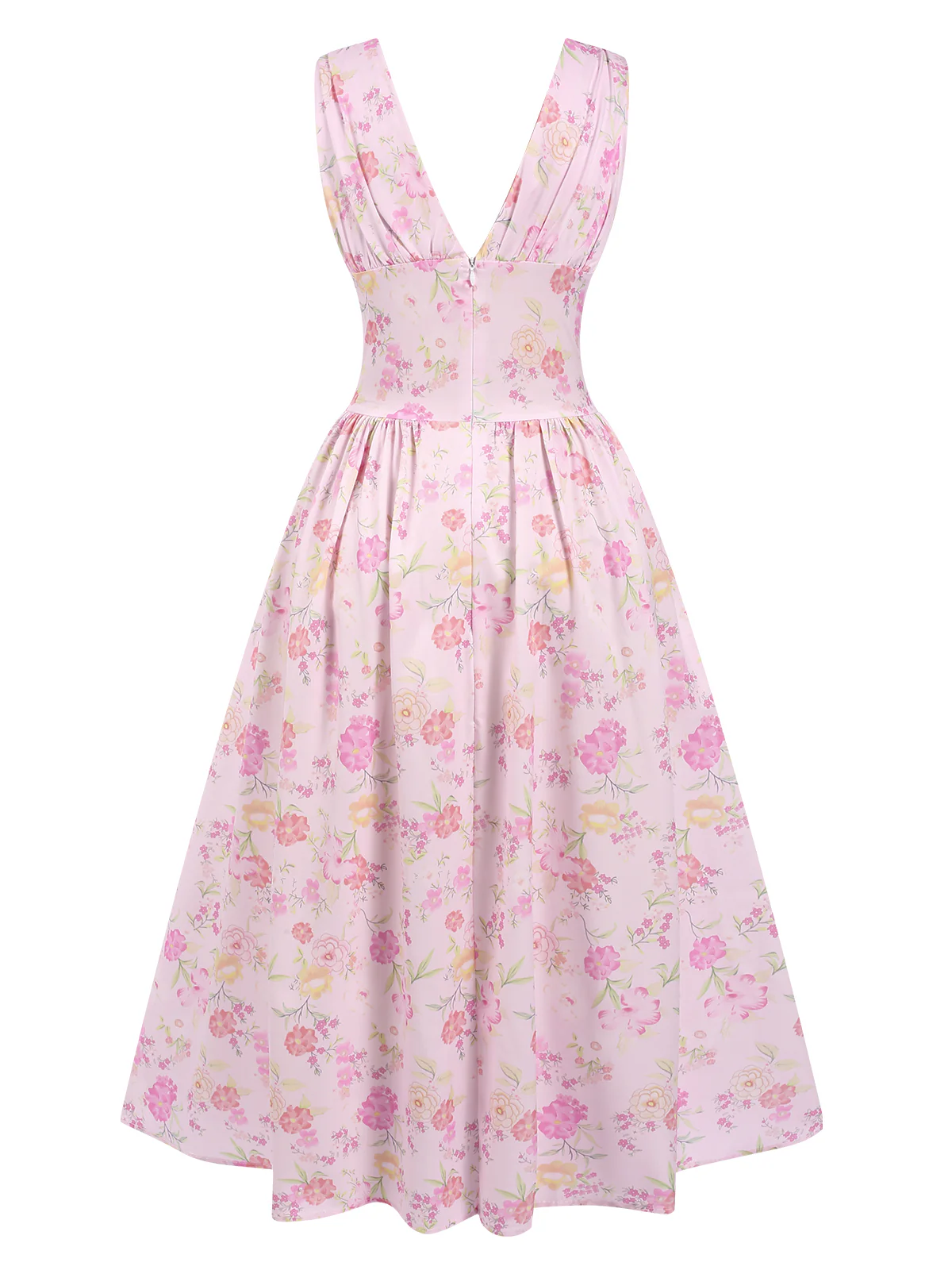 Pink 1950s Deep V-Neck Lace-Up Floral Dress - Image 2