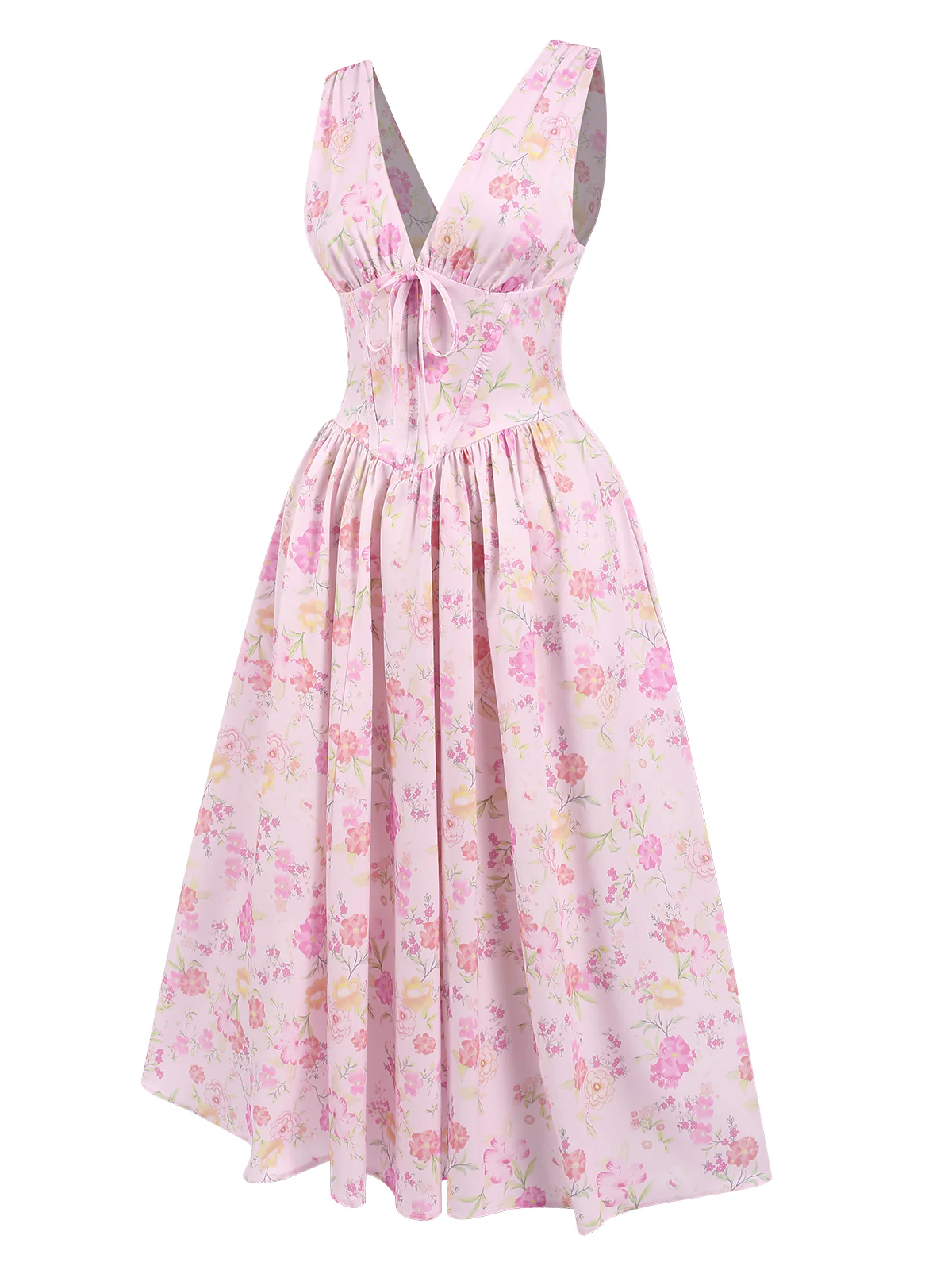 Pink 1950s Deep V-Neck Lace-Up Floral Dress - Image 3