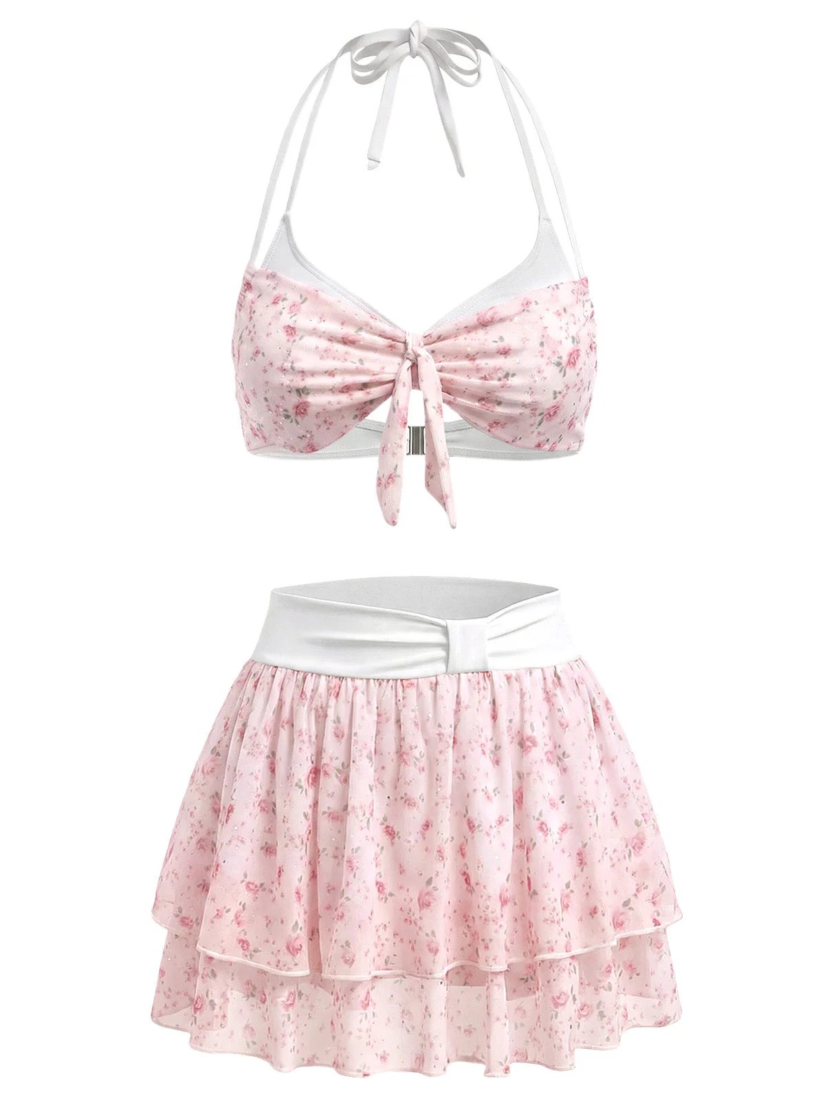 [Pre-Sale] Pink 1950s Ditsy Floral Ruffle Halter Chiffon Bikini Set - Image 2