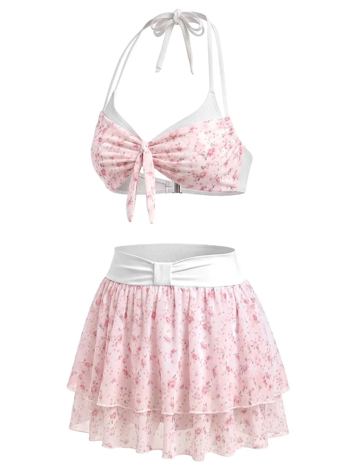 [Pre-Sale] Pink 1950s Ditsy Floral Ruffle Halter Chiffon Bikini Set - Image 3