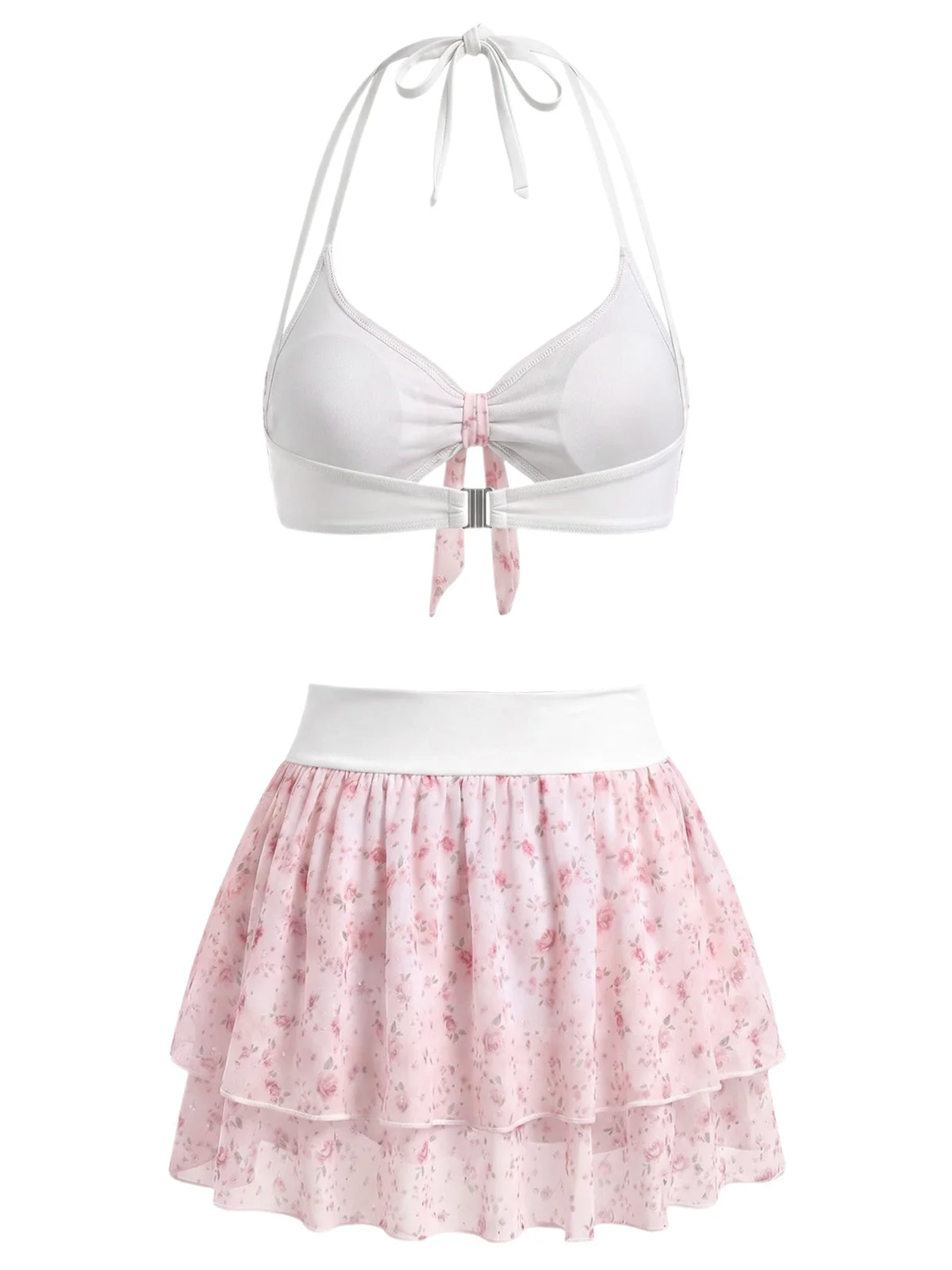 [Pre-Sale] Pink 1950s Ditsy Floral Ruffle Halter Chiffon Bikini Set - Image 4