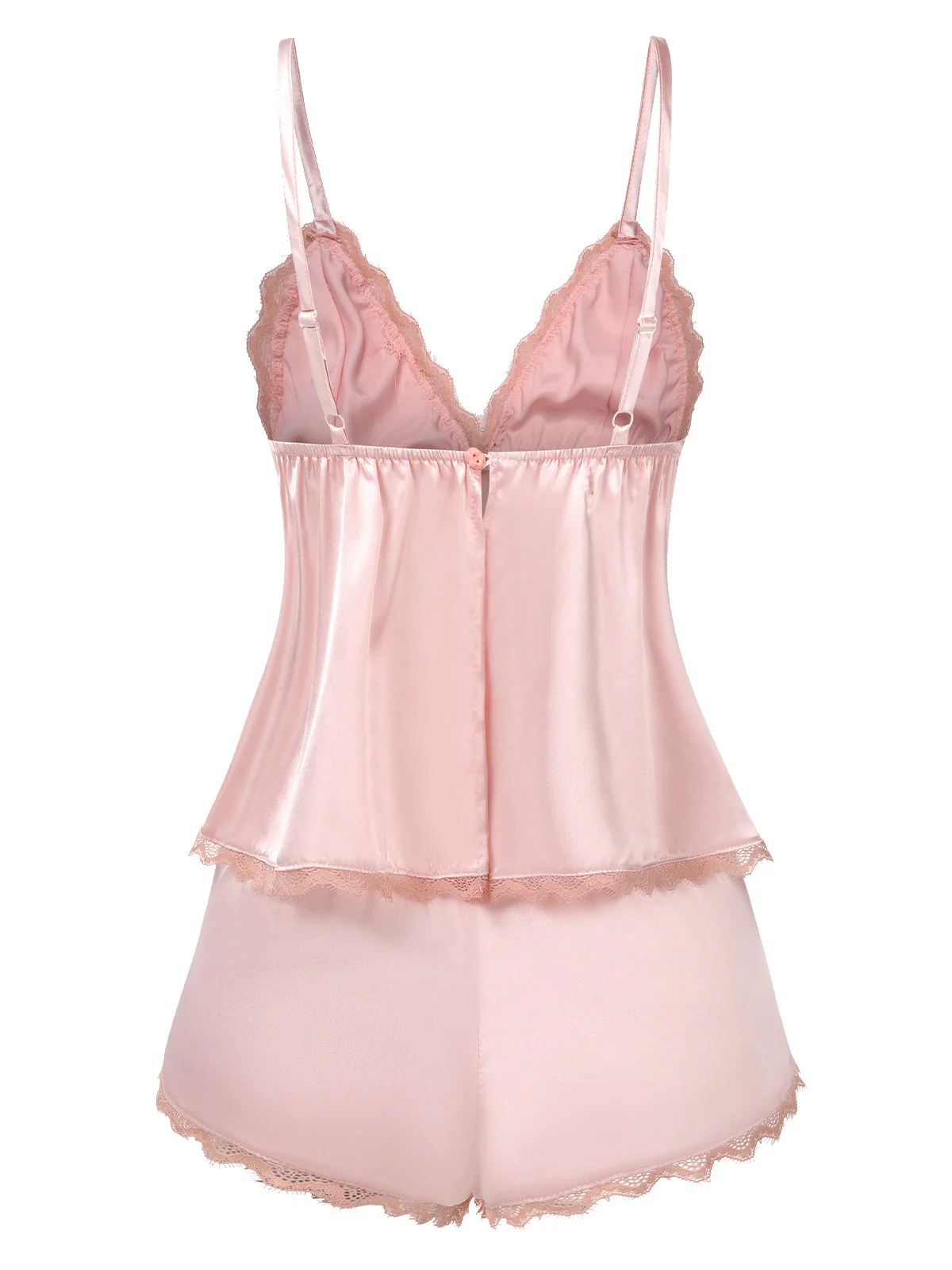 Pink 1950s Dots Lace Trim Satin Pajama Set - Image 2