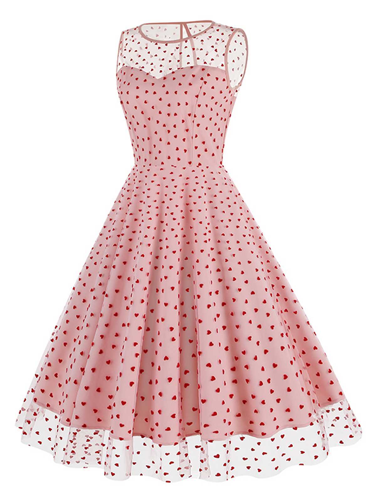 Pink 1950s Flocked Heart Mesh Patchwork Dress - Image 2