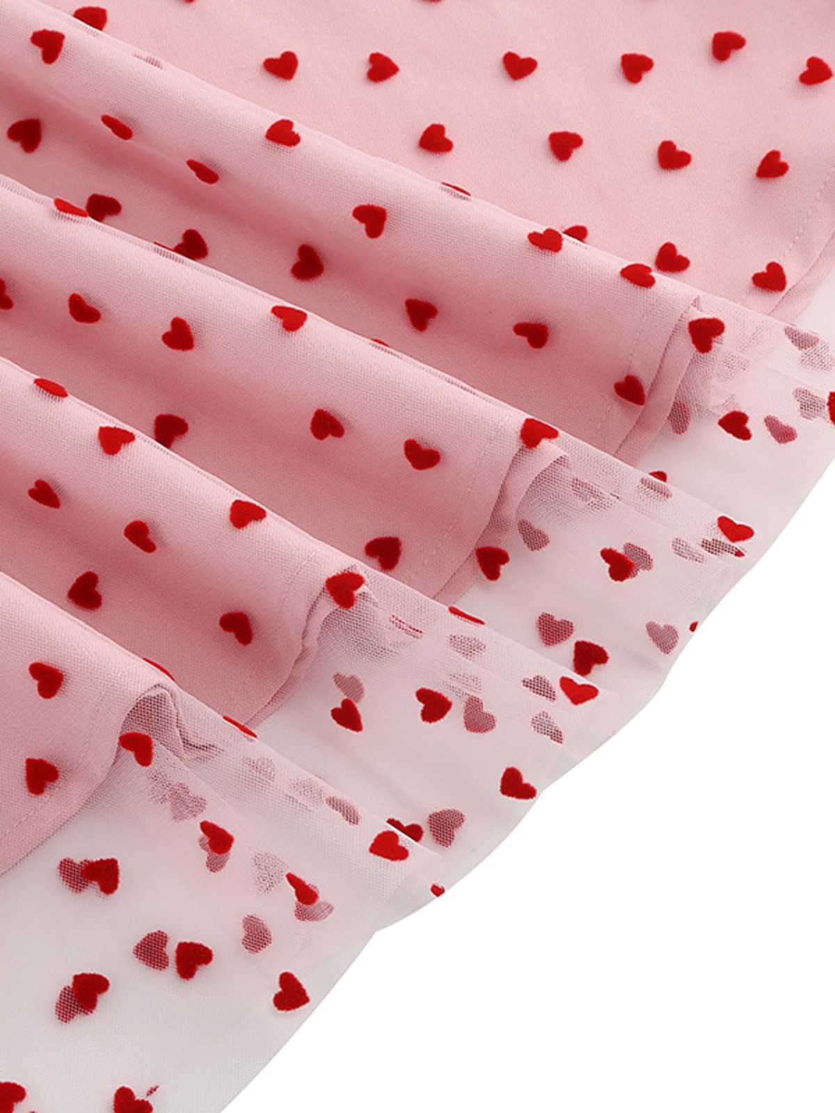 Pink 1950s Flocked Heart Mesh Patchwork Dress - Image 4