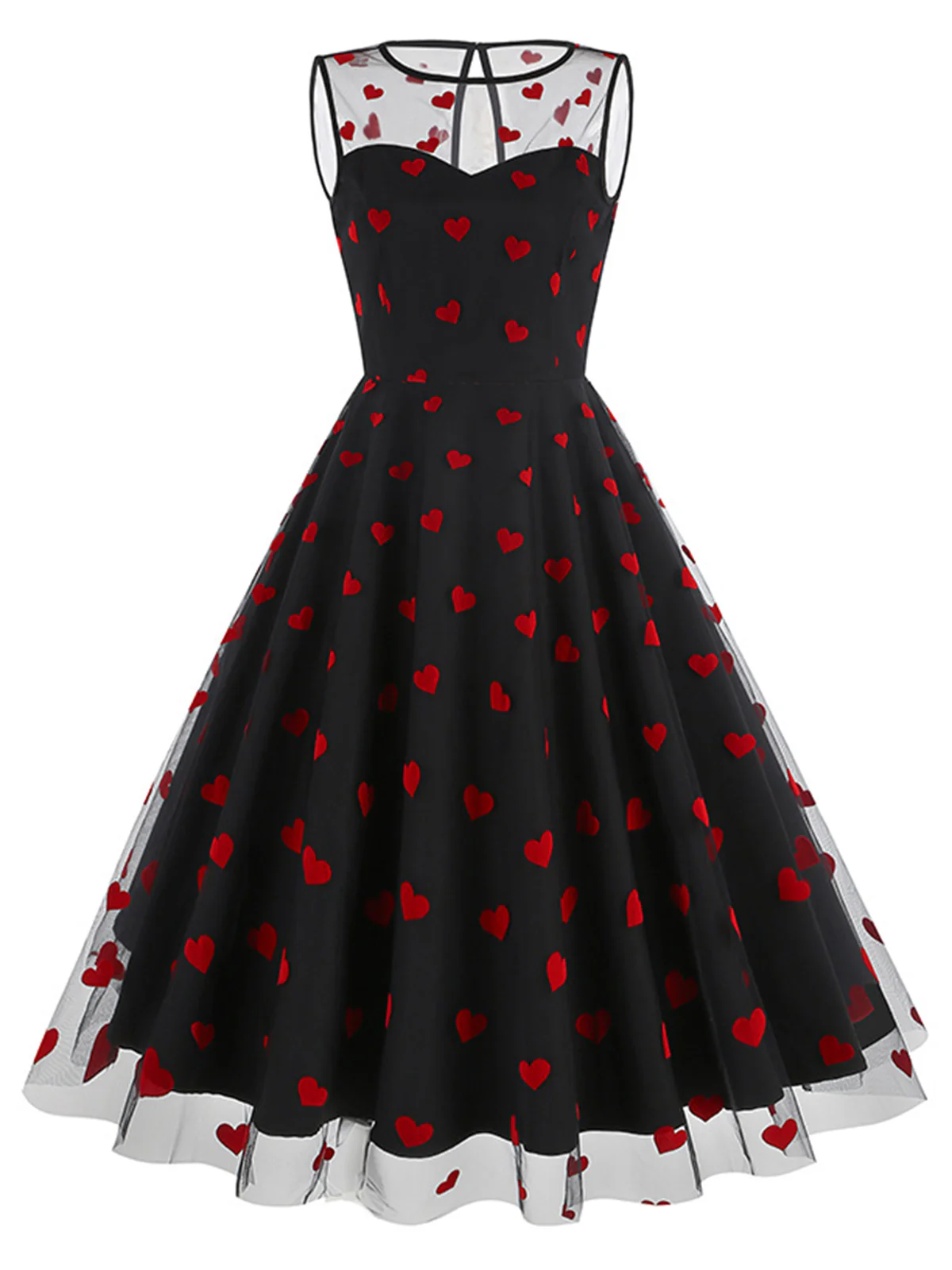 Pink 1950s Flocked Heart Mesh Patchwork Dress - Image 5