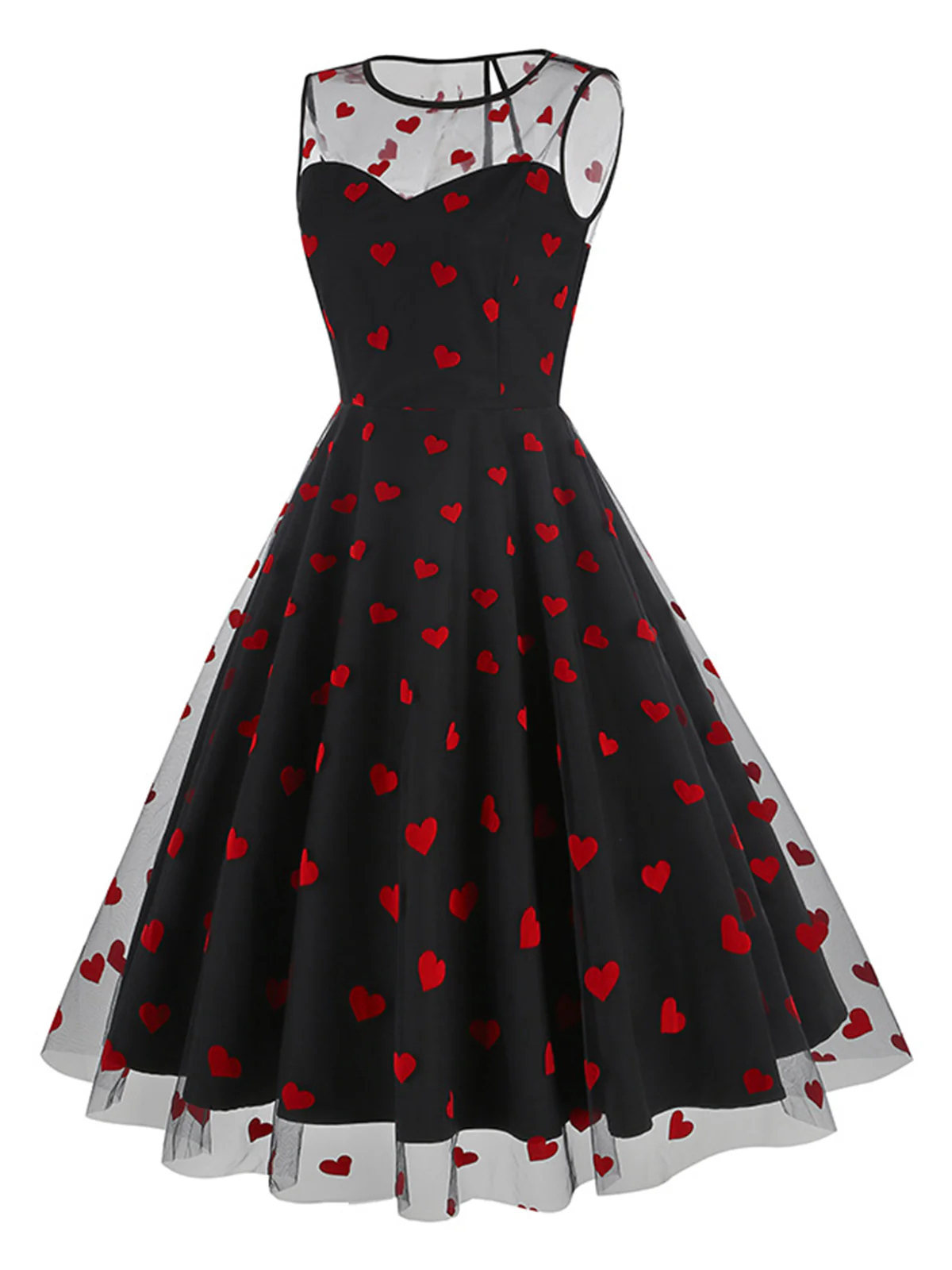 Pink 1950s Flocked Heart Mesh Patchwork Dress - Image 6
