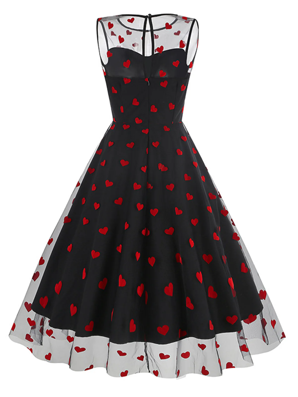 Pink 1950s Flocked Heart Mesh Patchwork Dress - Image 7