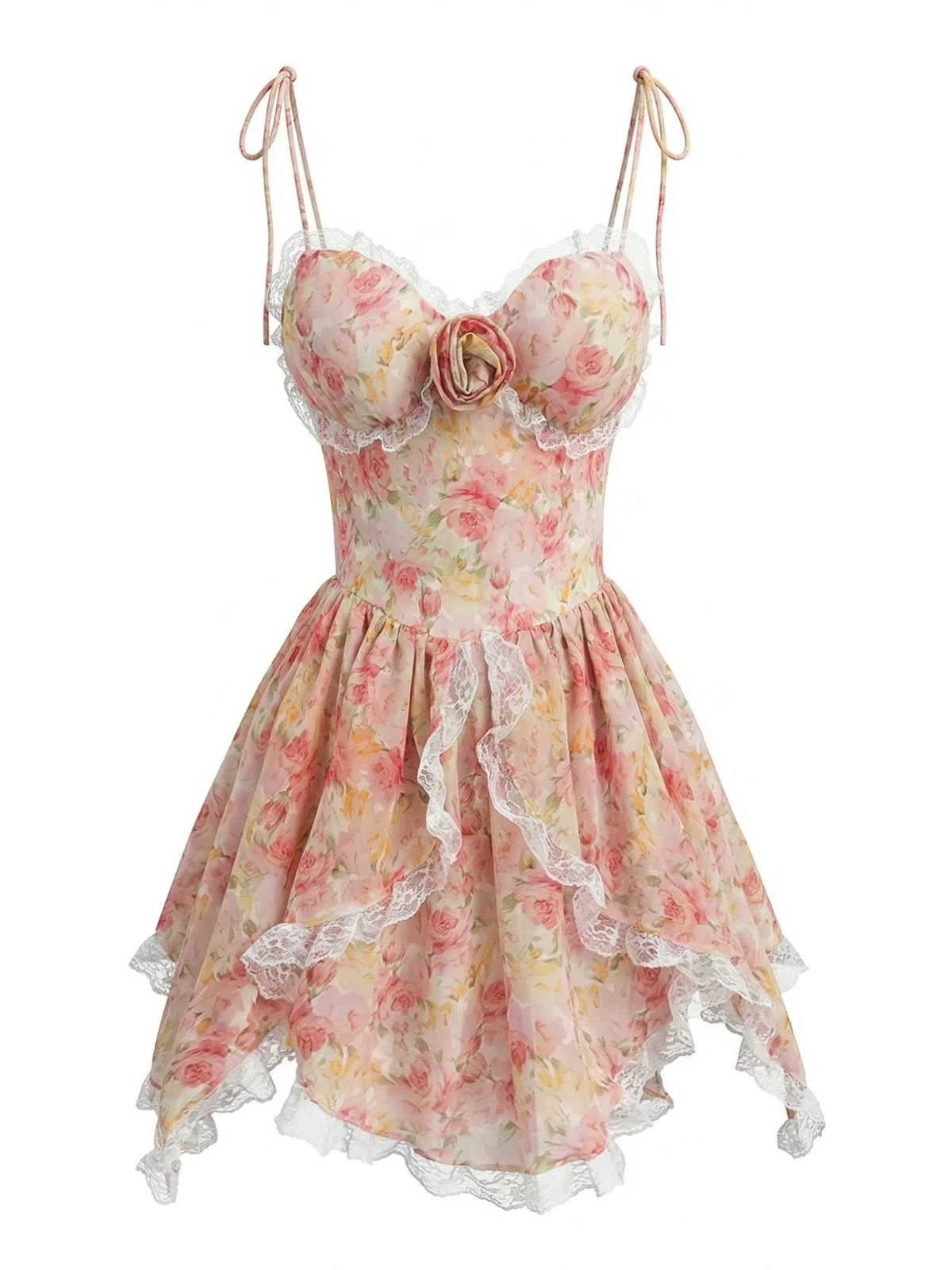 Pink 1950s Floral Chiffon 3D Rose Lace-Trim Dress - Image 2