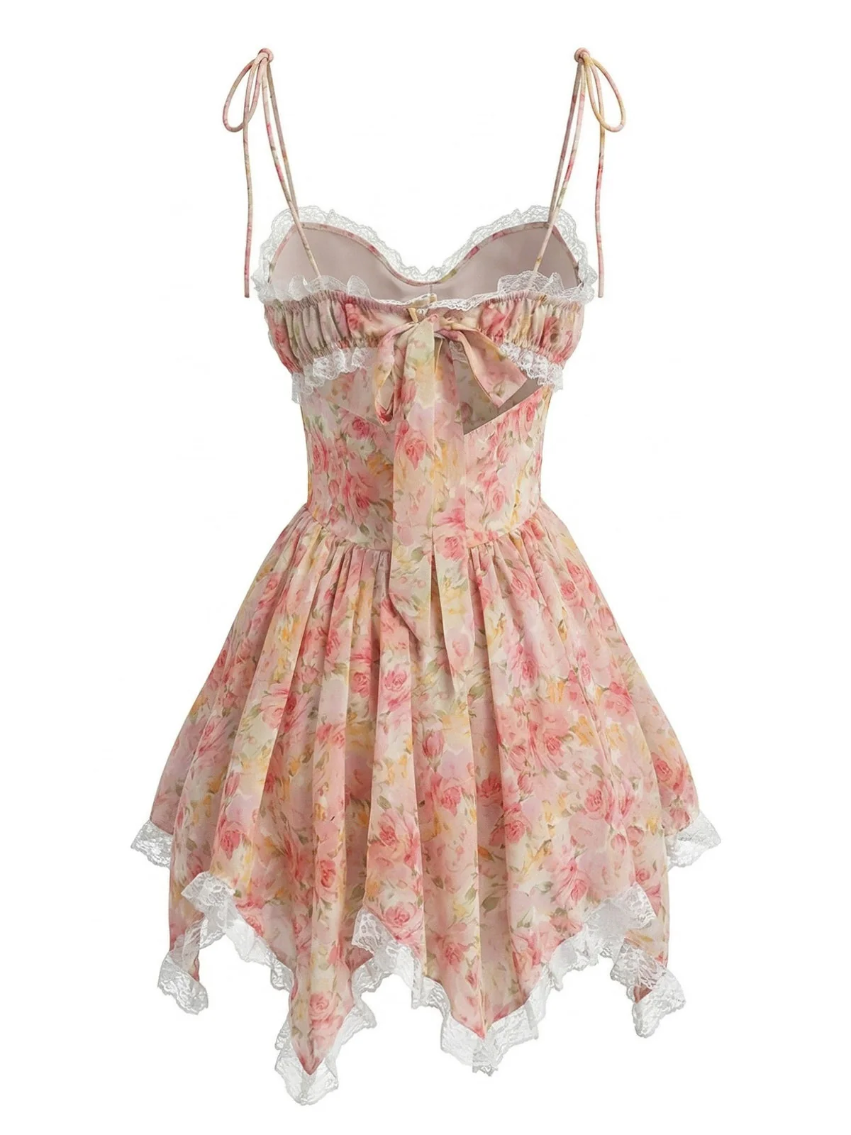 Pink 1950s Floral Chiffon 3D Rose Lace-Trim Dress - Image 3
