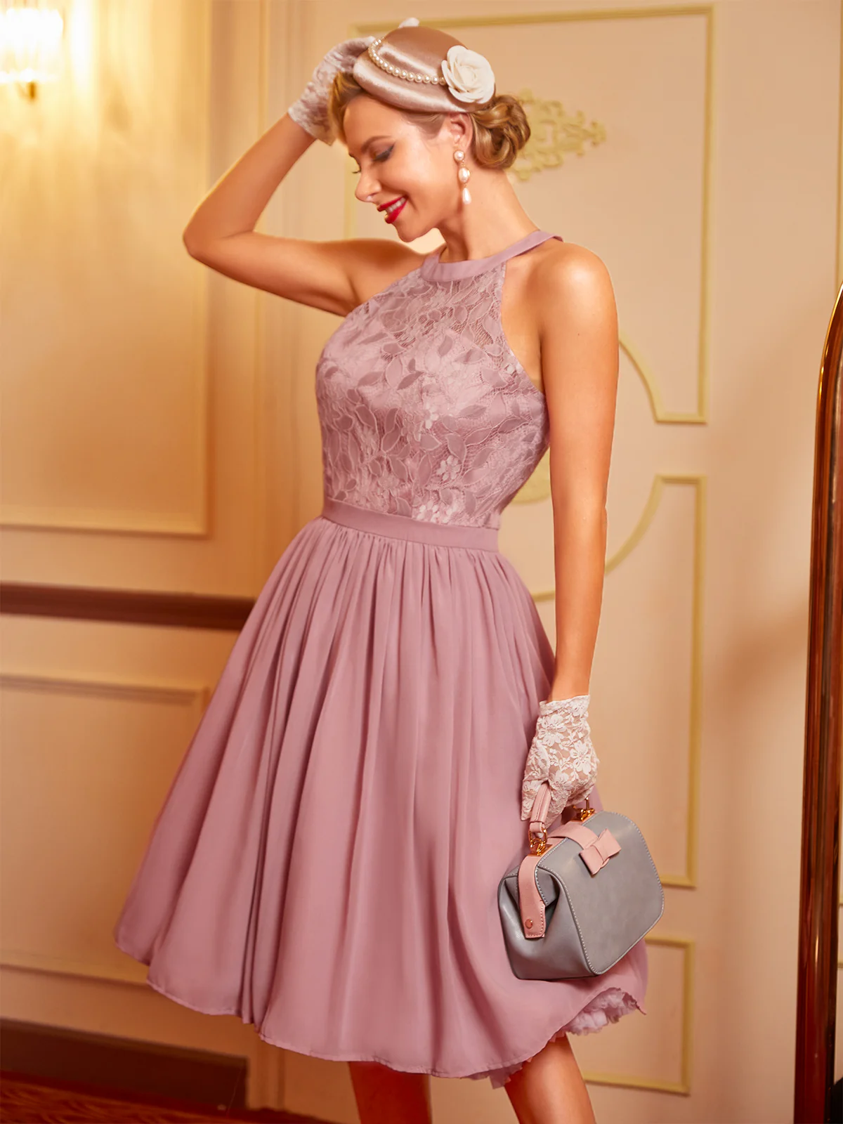 Pink 1950s Floral Lace Swing Dress - Image 2