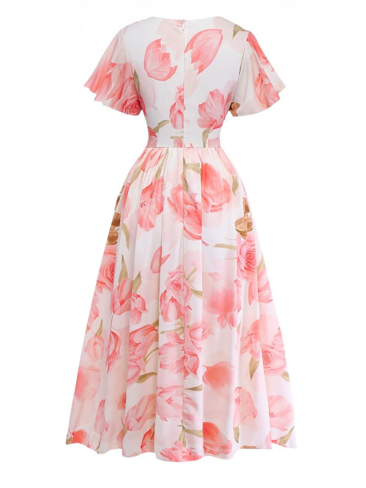 Pink 1950s Floral Print V-neck Puff-Sleeve Maxi Dress - Image 2