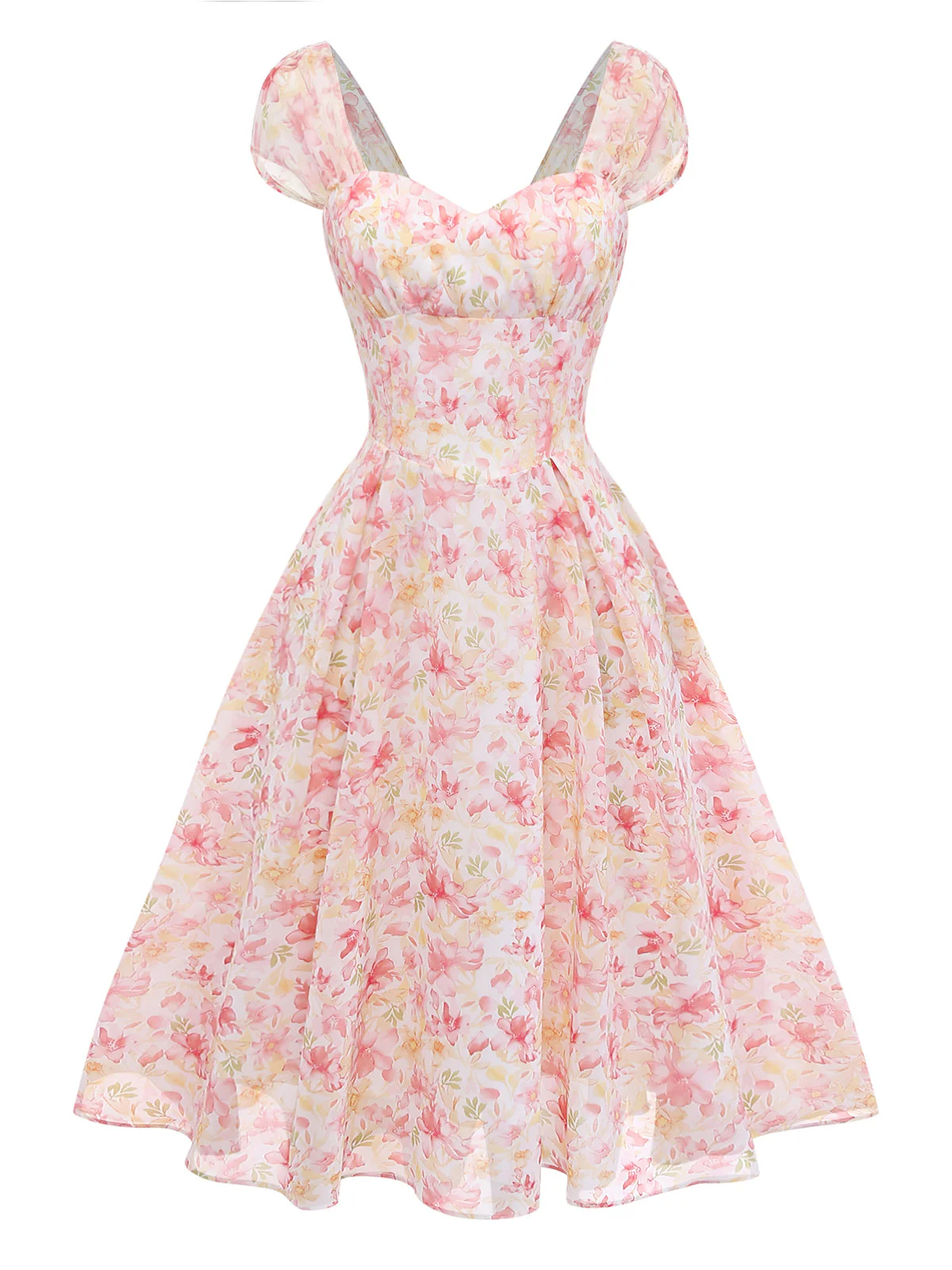 [Pre-Sale] Pink 1950s Floral Sweetheart Neck Bow Dress - Image 2