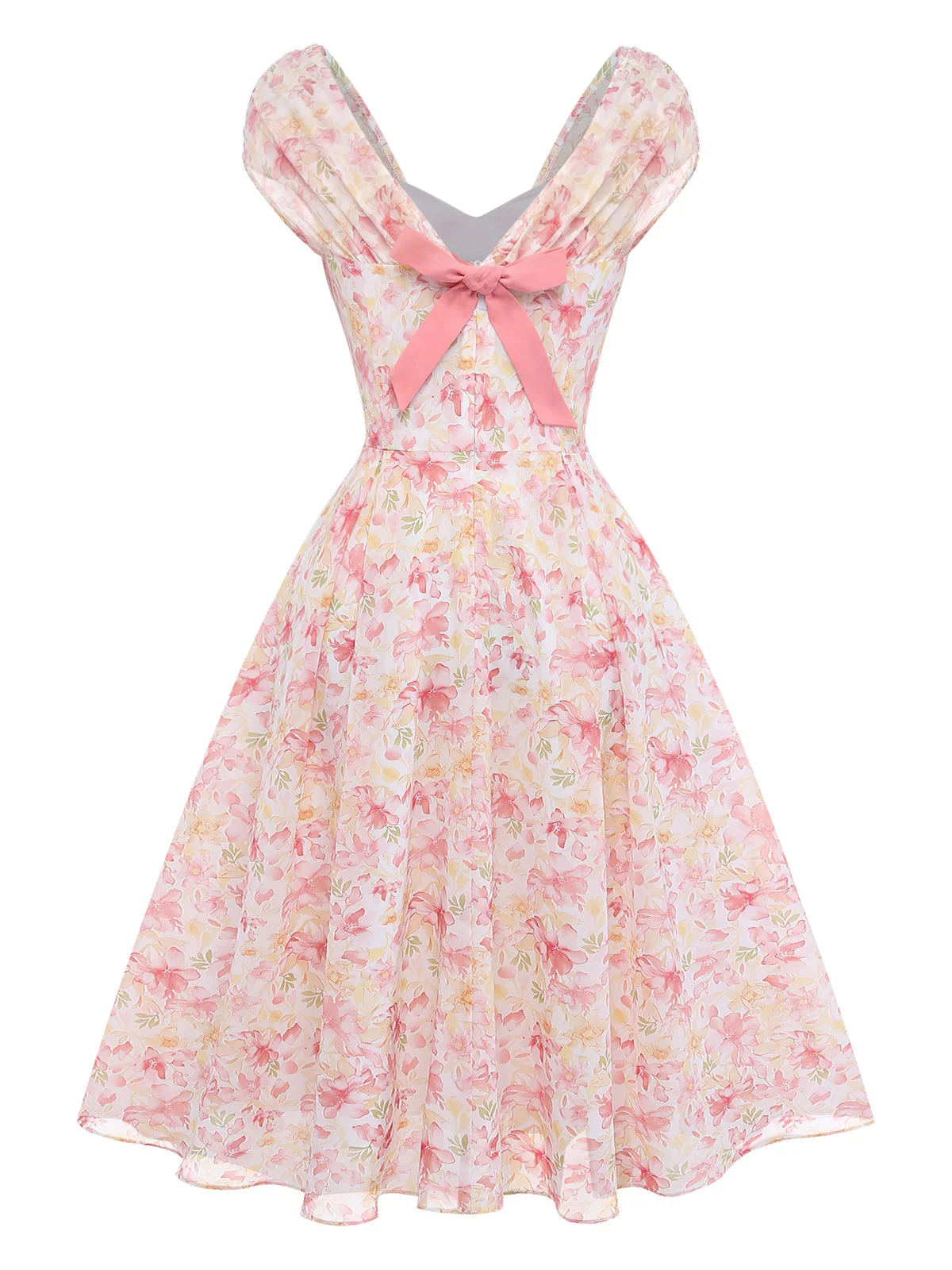 [Pre-Sale] Pink 1950s Floral Sweetheart Neck Bow Dress - Image 3