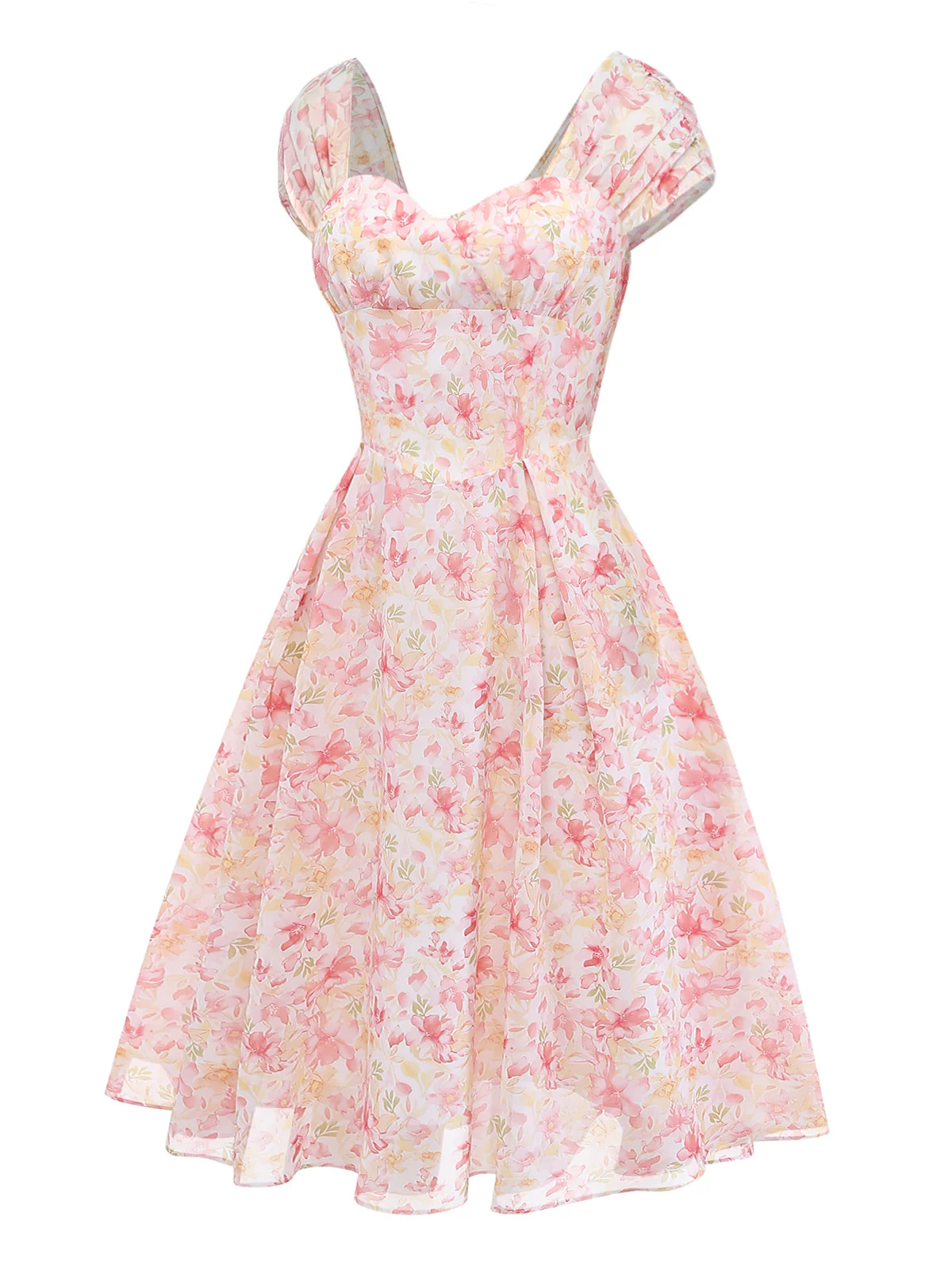 [Pre-Sale] Pink 1950s Floral Sweetheart Neck Bow Dress - Image 4