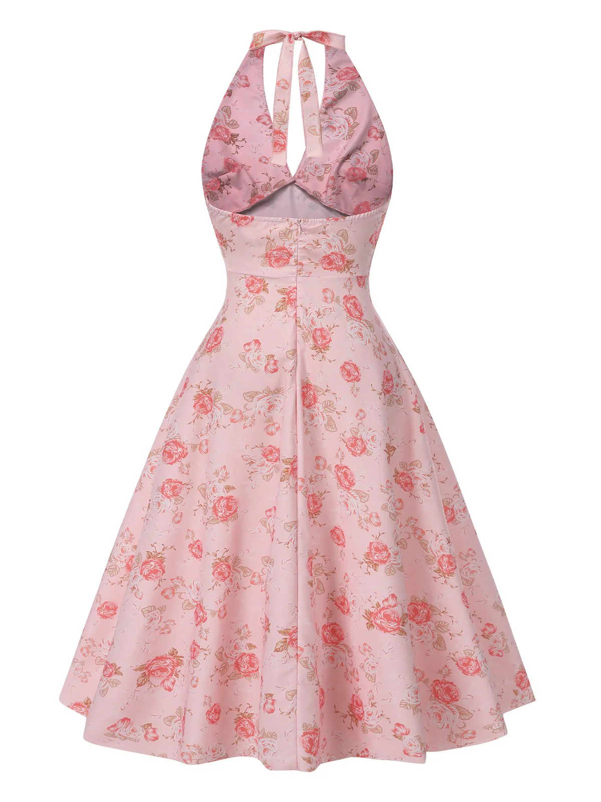 Pink 1950s Floral V-Neck Halter Dress - Image 2