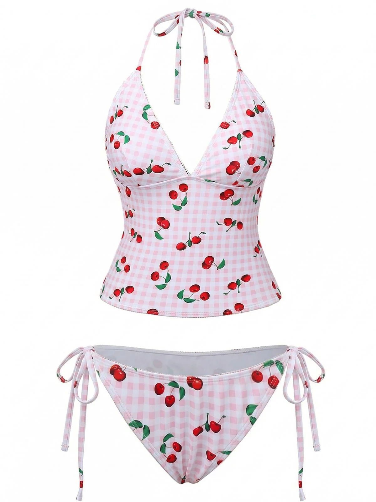 Pink 1950s Gingham Cherry Print Halter Tankini Set - Image 2
