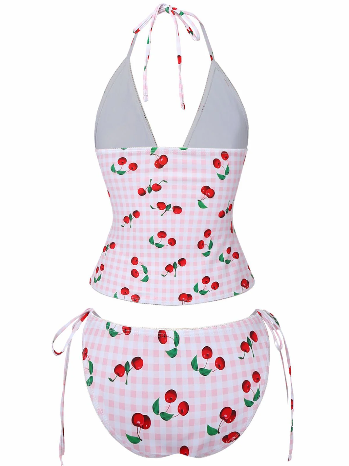 Pink 1950s Gingham Cherry Print Halter Tankini Set - Image 3