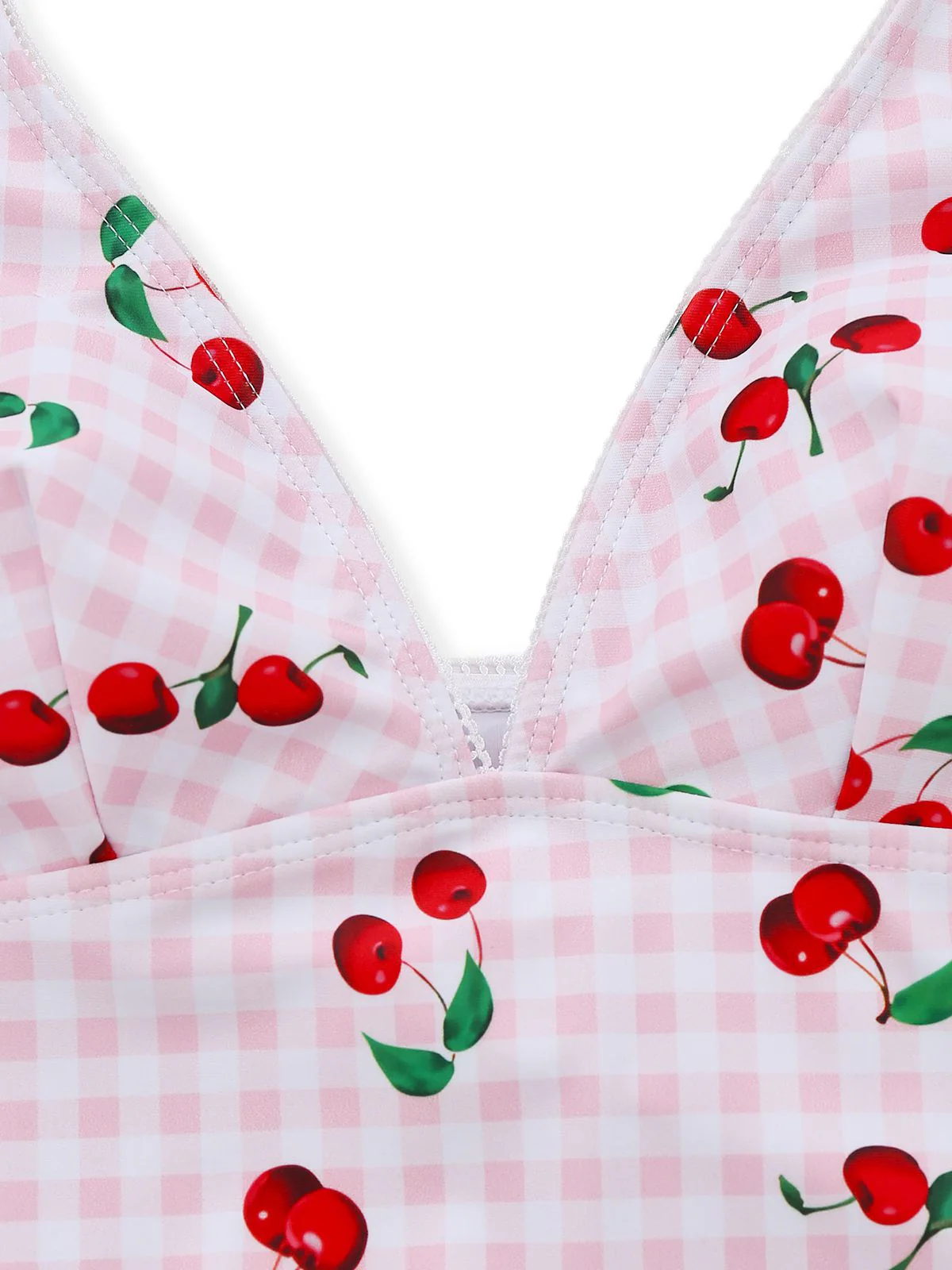 Pink 1950s Gingham Cherry Print Halter Tankini Set - Image 4