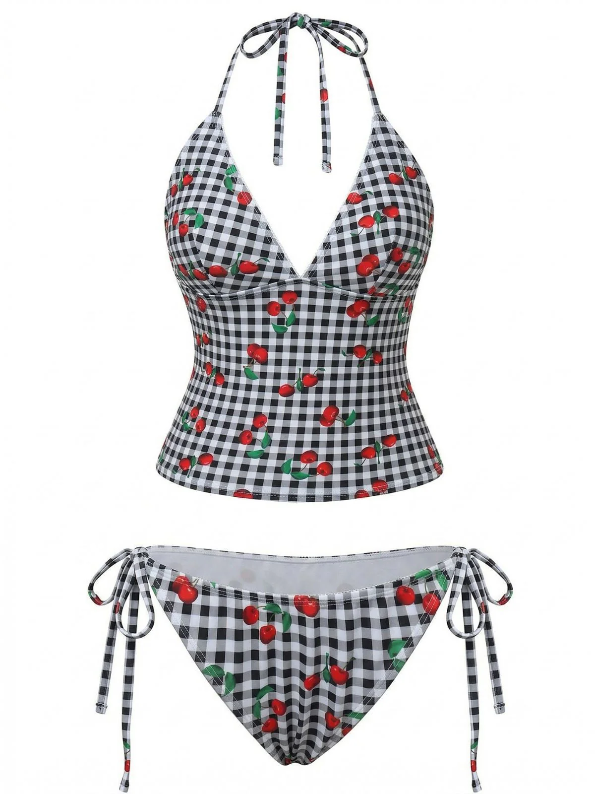 Pink 1950s Gingham Cherry Print Halter Tankini Set - Image 7