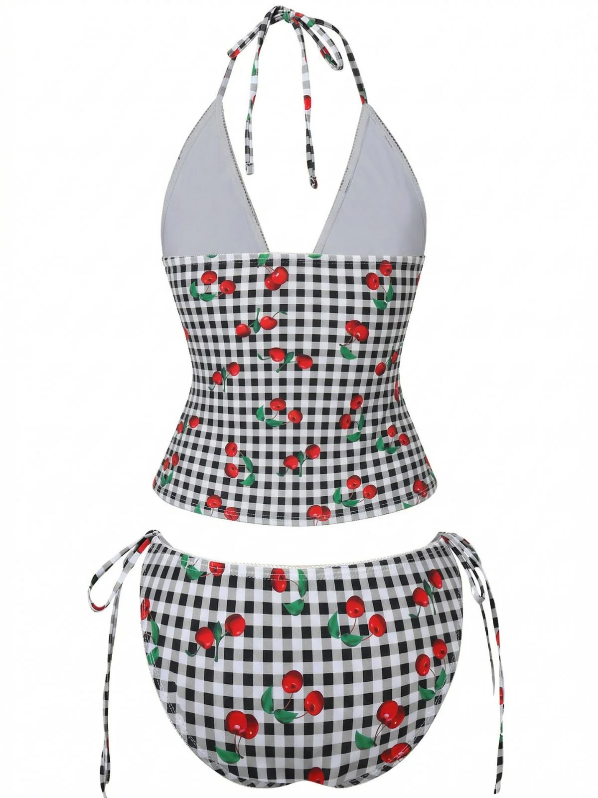 Pink 1950s Gingham Cherry Print Halter Tankini Set - Image 8