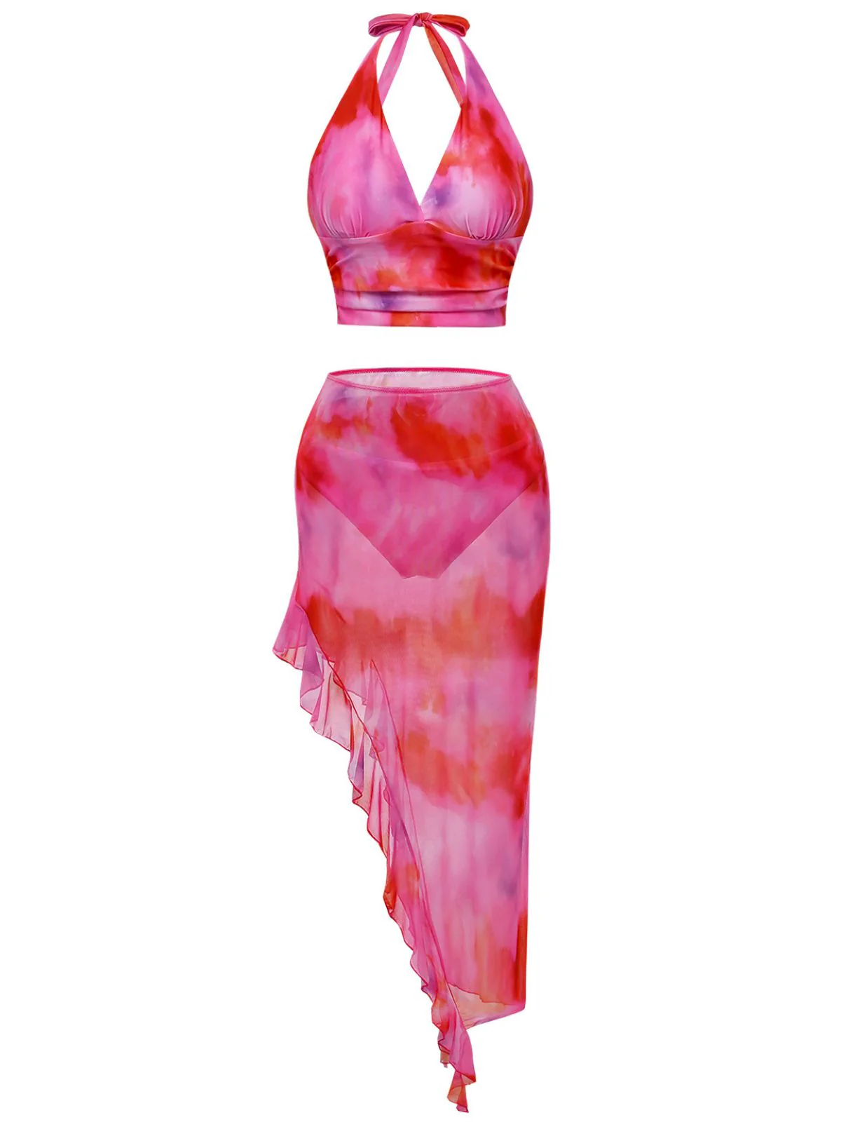 Pink 1950s Gradient Halter Tankini Set & Asymmetric Cover-Up - Image 2